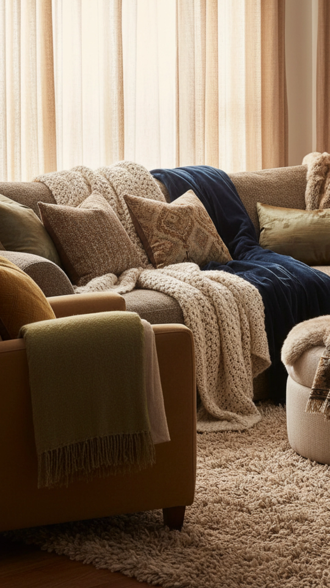 14 Earthy Cottage Home Decor Ideas to Transform Your Space 2 A cozy living room with textured fabrics and throws, showcasing earthy tones and inviting decor.