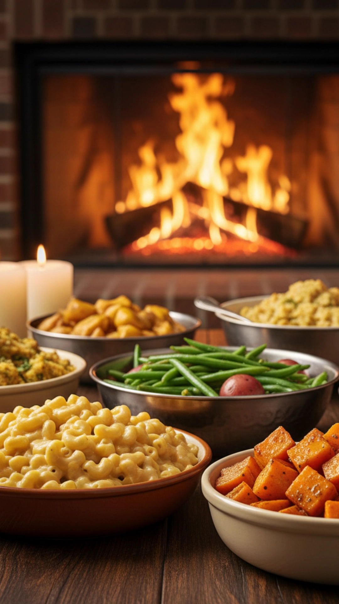 How to Choose the Perfect Sides for Thanksgiving 2 A warm, vertical photo of a Thanksgiving table with mac and cheese, stuffing, roasted potatoes, and green beans in front of a cozy fireplace.