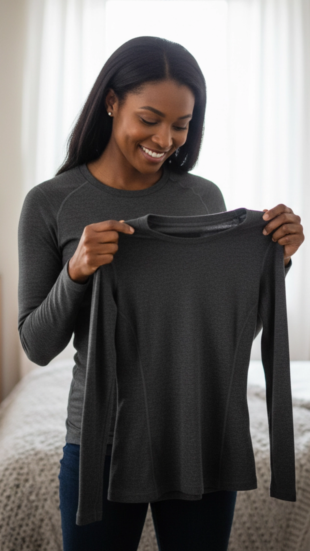 How to Style the Perfect Cozy Winter Outfit 2 A woman in a cozy bedroom holds up a grey merino wool thermal top, inspecting its fabric.