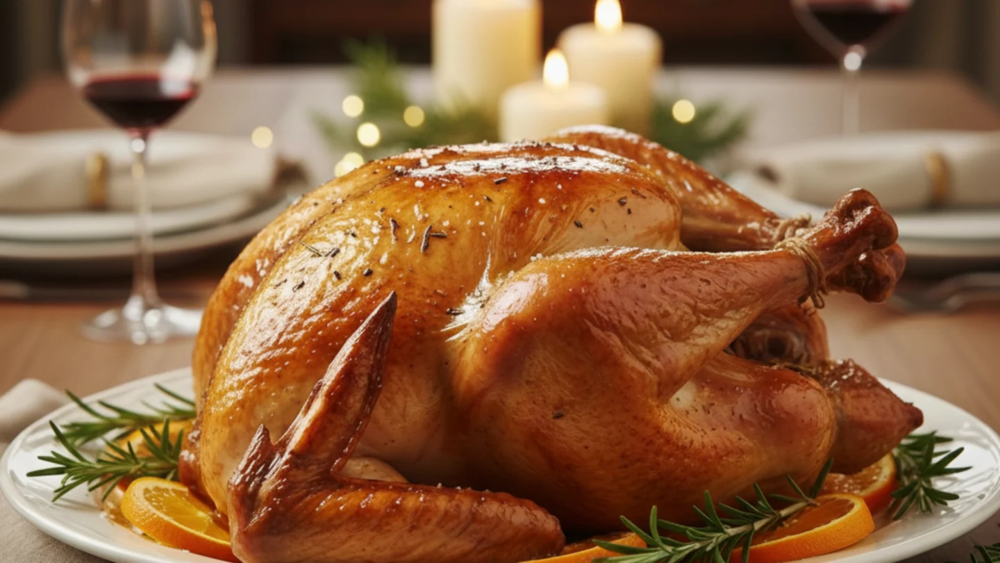 Golden roast turkey garnished with rosemary and orange for a Traditional Christmas Dinner.