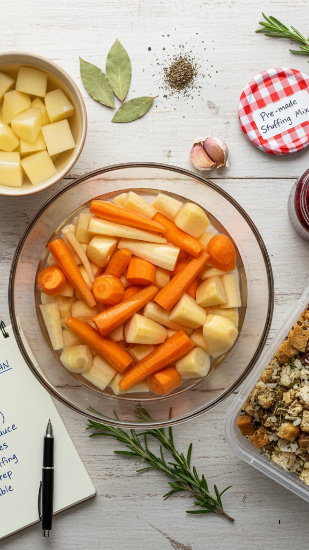 Organized prep bowls for a Traditional Christmas Dinner showing cranberry sauce and submerged root vegetables.