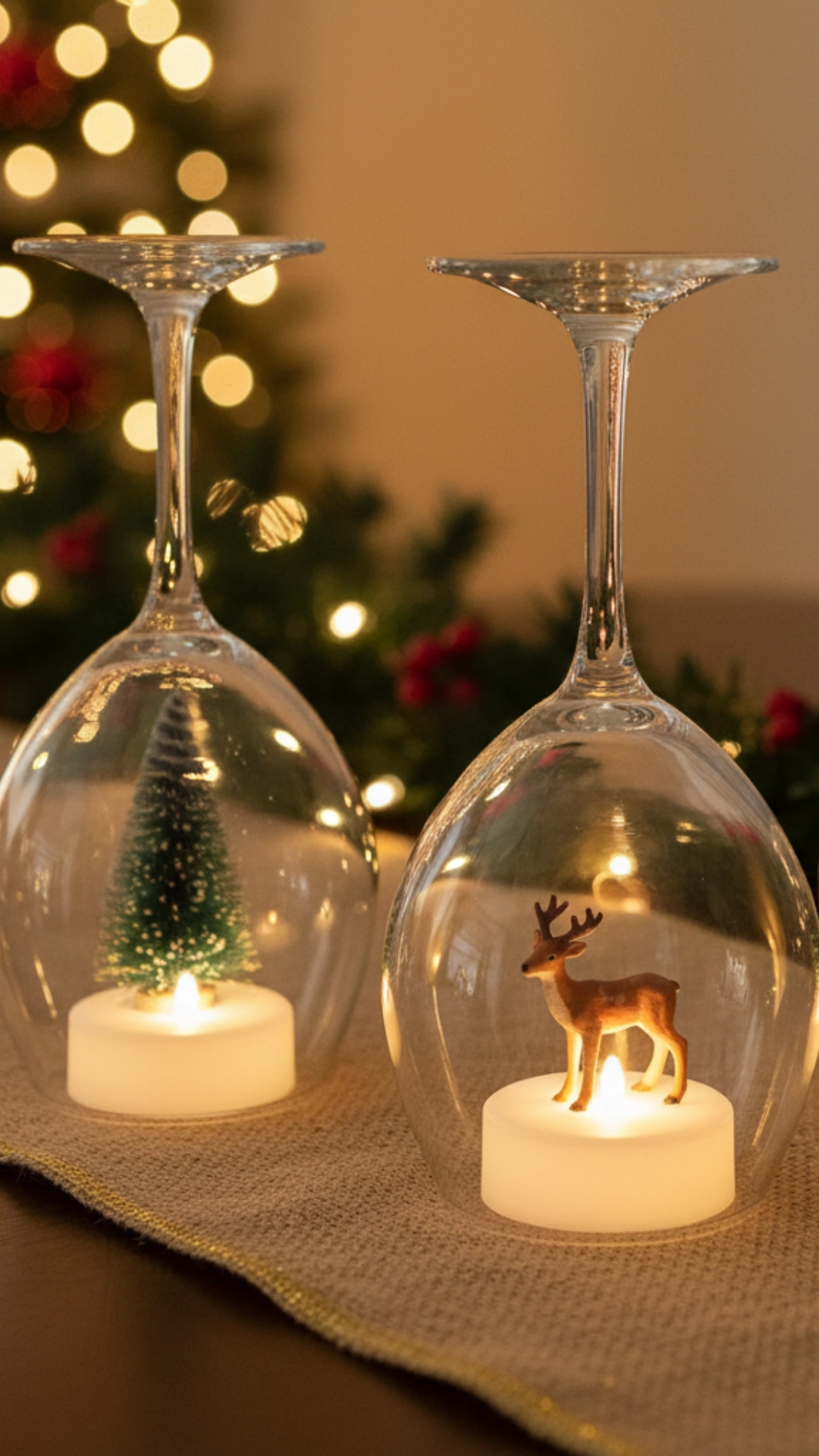 10 Simple DIY Holiday Centerpieces Anyone Can Make 7 Three upside-down wine glasses used as snow globes with tea lights on top, a simple DIY holiday centerpiece.