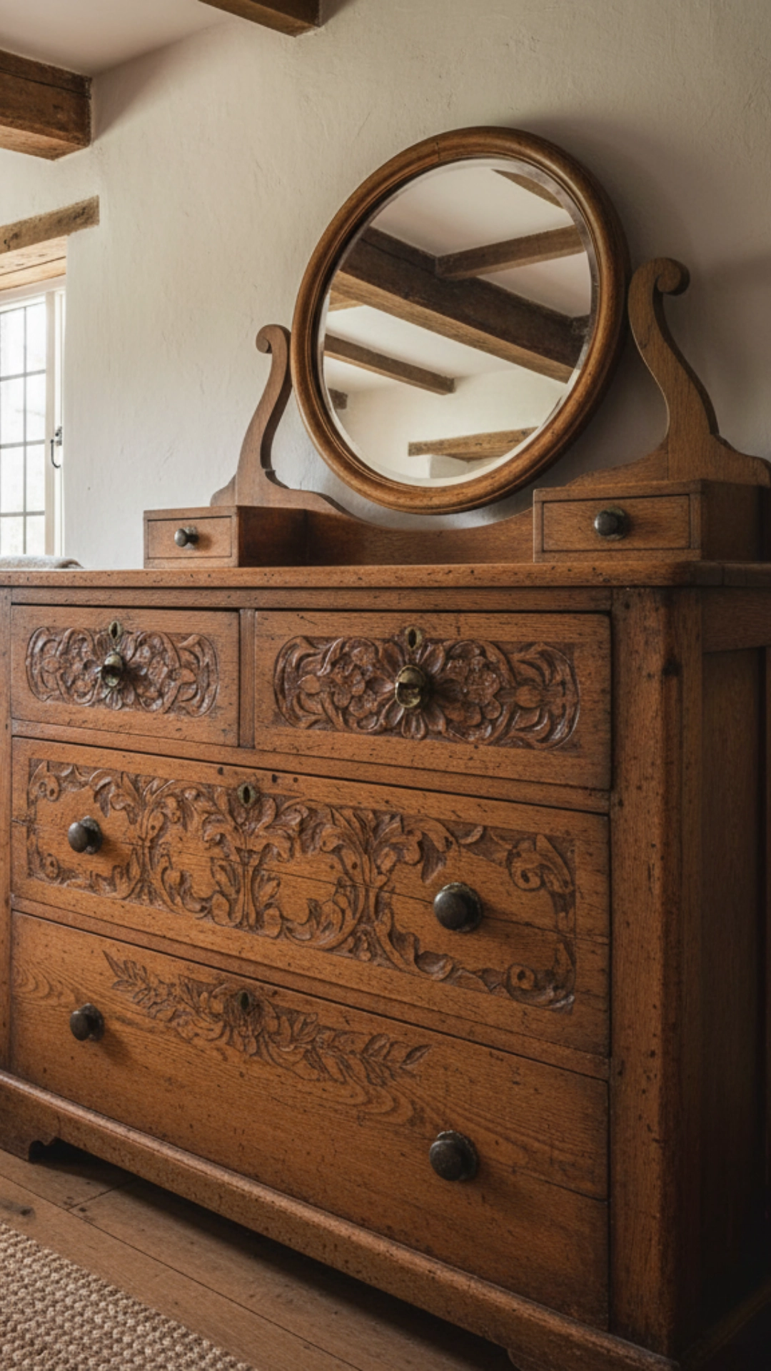 14 Earthy Cottage Home Decor Ideas to Transform Your Space 15 Cozy bedroom featuring vintage wooden furniture, including a bed, nightstand, and wardrobe, with warm lighting and earthy decor.