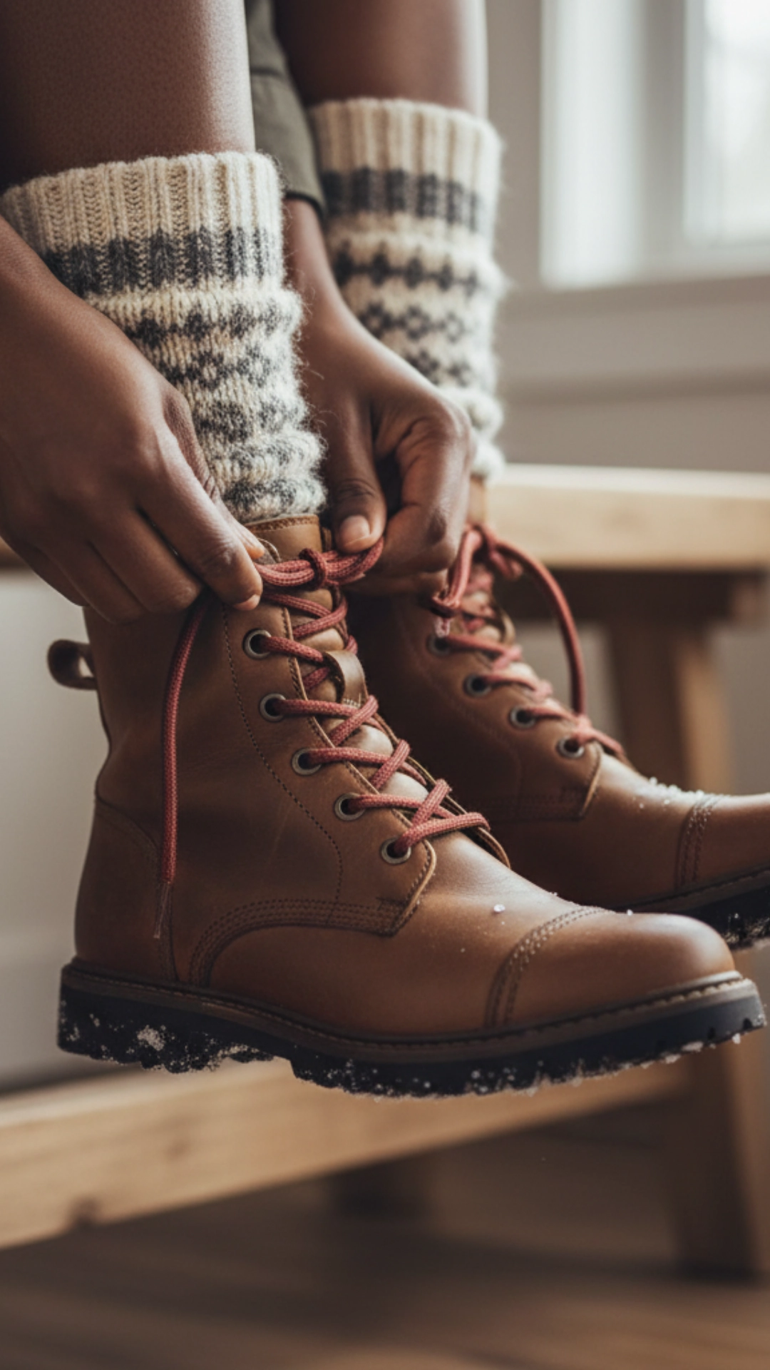 How to Style the Perfect Cozy Winter Outfit 8 Close-up on a woman's feet as she laces up brown waterproof combat boots over thick wool socks.