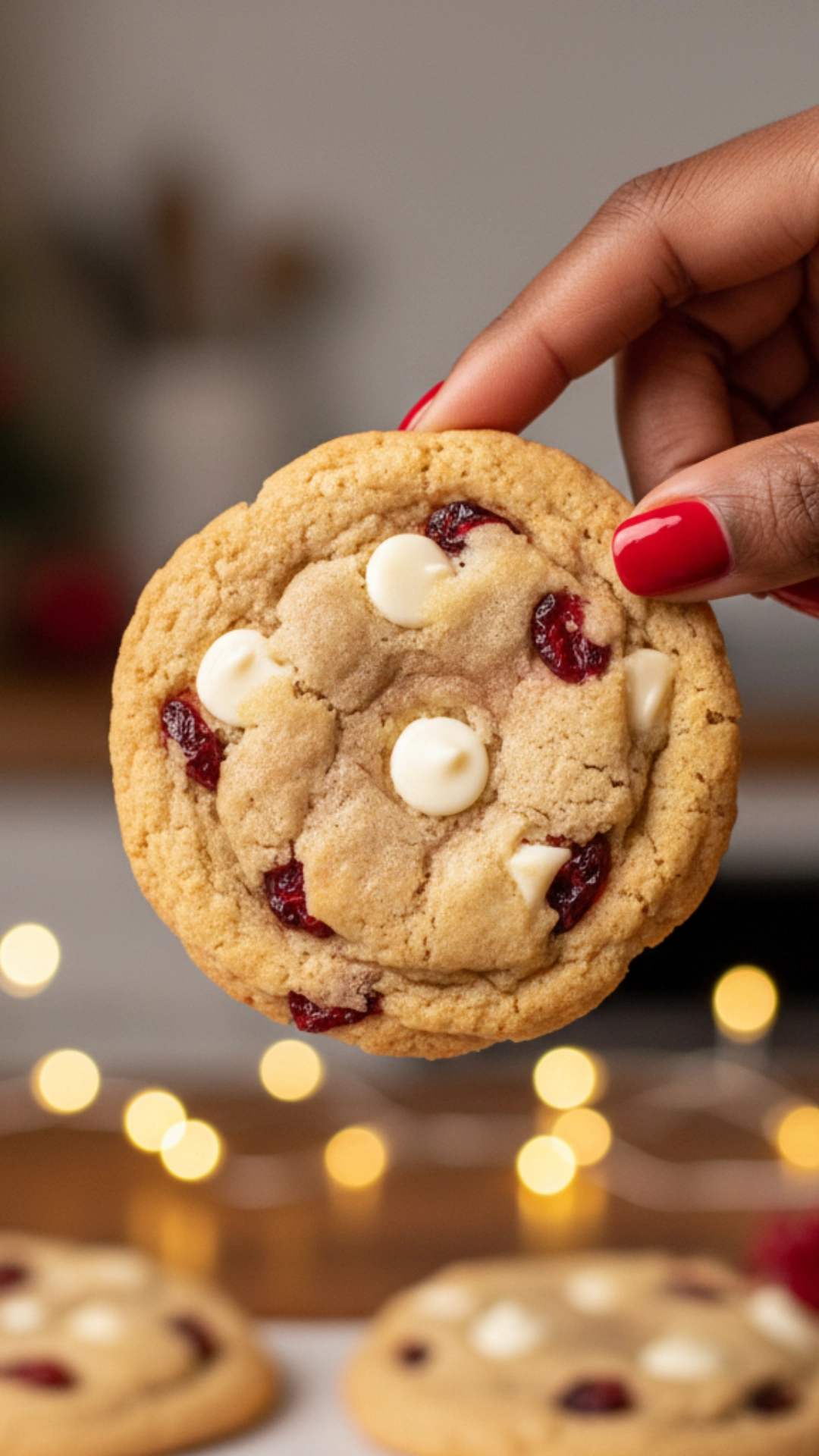 15 Shockingly Easy Holiday Cookie Recipes for Beginners 8 A woman's hand with festive red nail polish holds up a freshly baked white chocolate cranberry cookie against a blurred kitchen background.