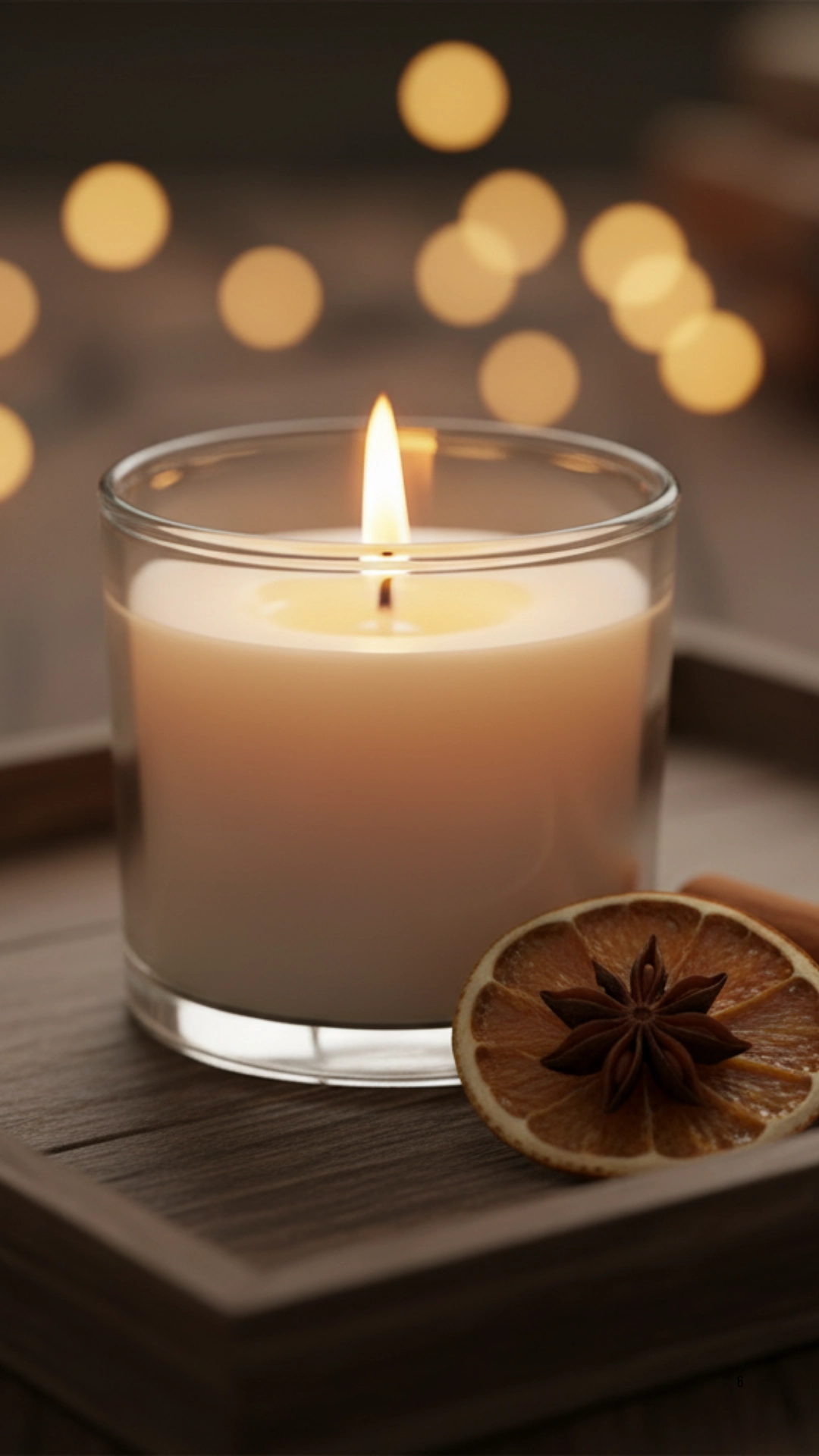 Close-up of a lit candle on a wooden tray with cinnamon sticks and a dried orange slice.
