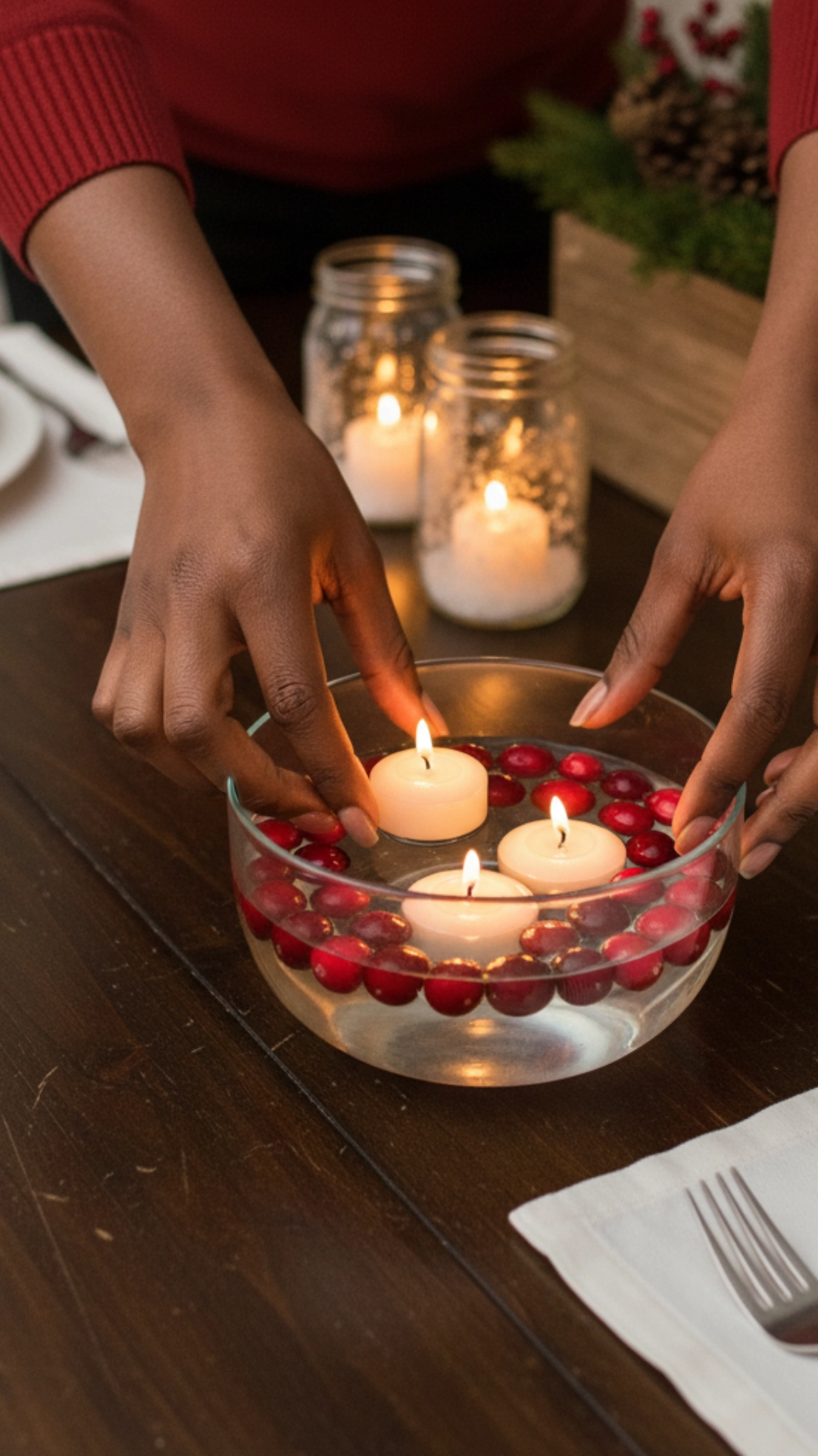 10 Simple DIY Holiday Centerpieces Anyone Can Make 2 A top-down view of a woman's hands arranging a simple DIY holiday centerpiece in a bowl on a dining table.