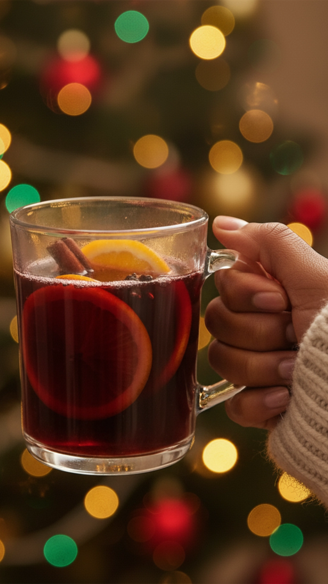 15 Cozy Christmas Drinks to Warm Up Winter Mornings 2 A woman holding a clear mug of hot mulled wine, with Christmas lights blurred in the background.