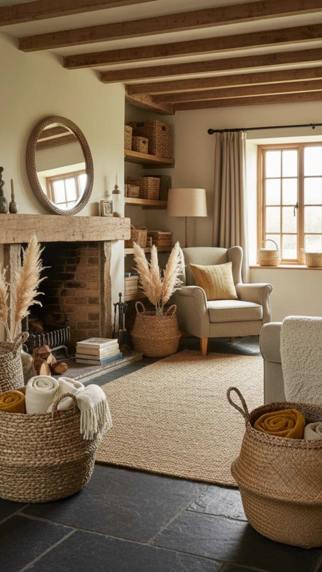 14 Earthy Cottage Home Decor Ideas to Transform Your Space 13 A cozy cottage interior featuring woven baskets for storage, wooden furniture, and soft textiles.
