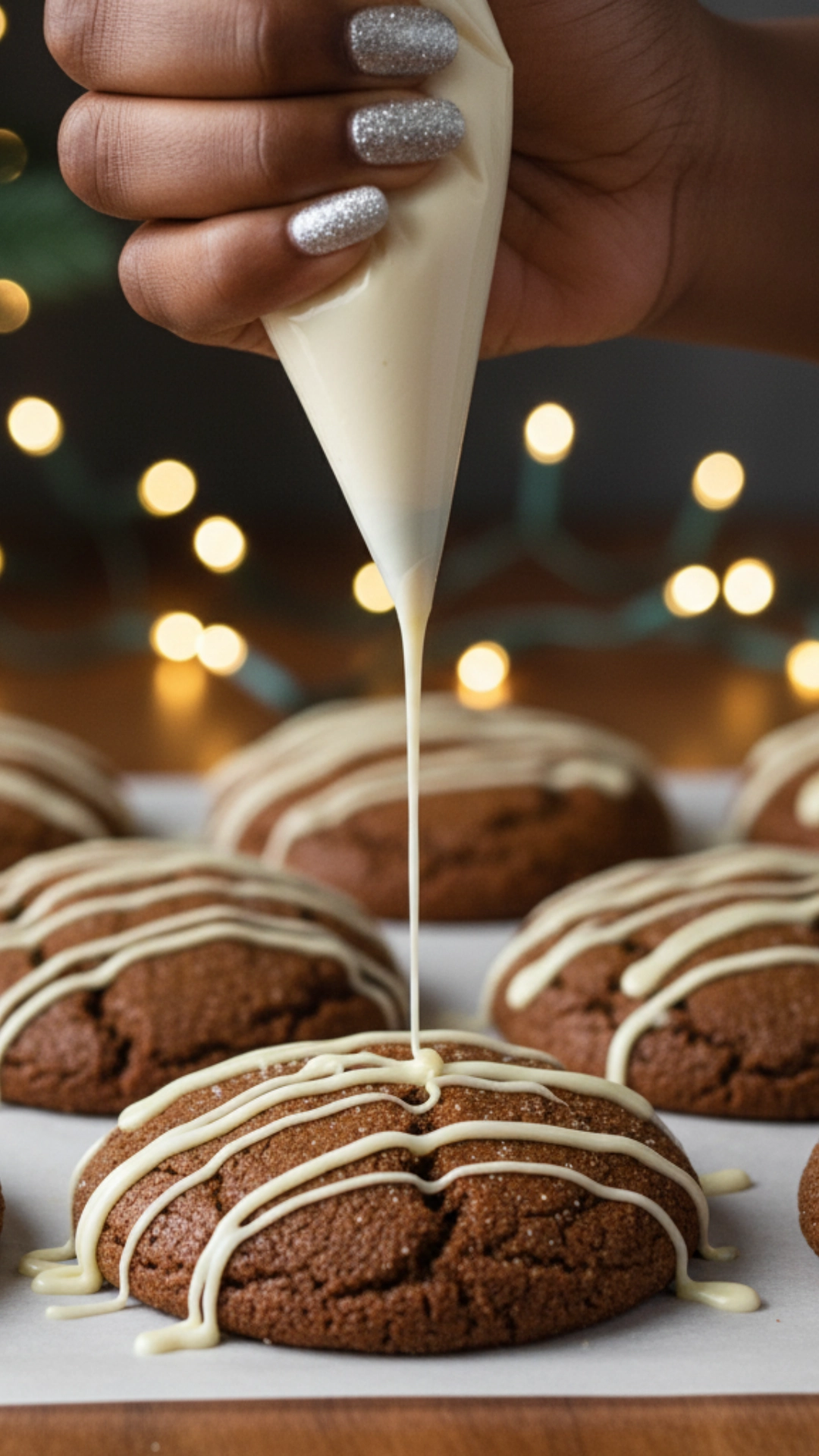 15 Shockingly Easy Holiday Cookie Recipes for Beginners 9 A woman's hand with silver glitter nail polish holds a piping bag, drizzling melted white chocolate in a zigzag pattern over molasses ginger cookies.