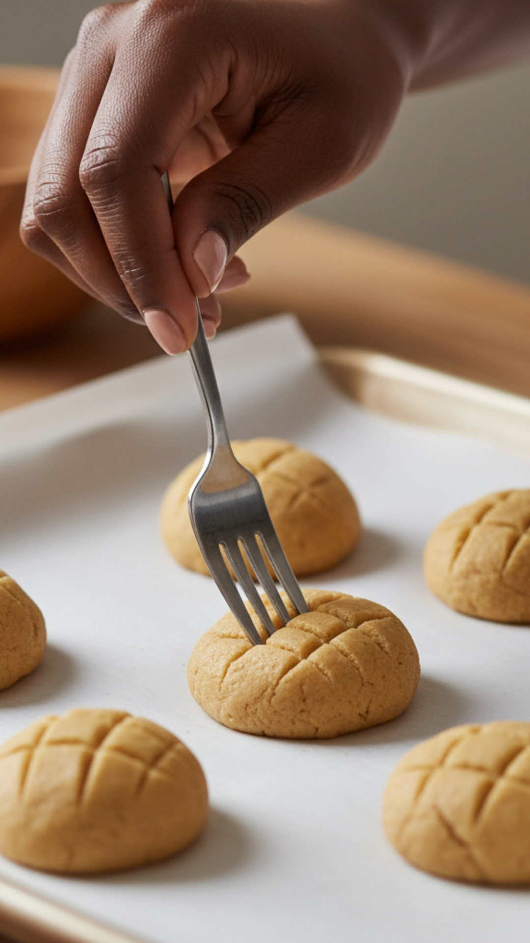 15 Shockingly Easy Holiday Cookie Recipes for Beginners 4 A woman's hand with a nude manicure uses a fork to press a classic crisscross pattern into a ball of 3-ingredient peanut butter cookie dough.