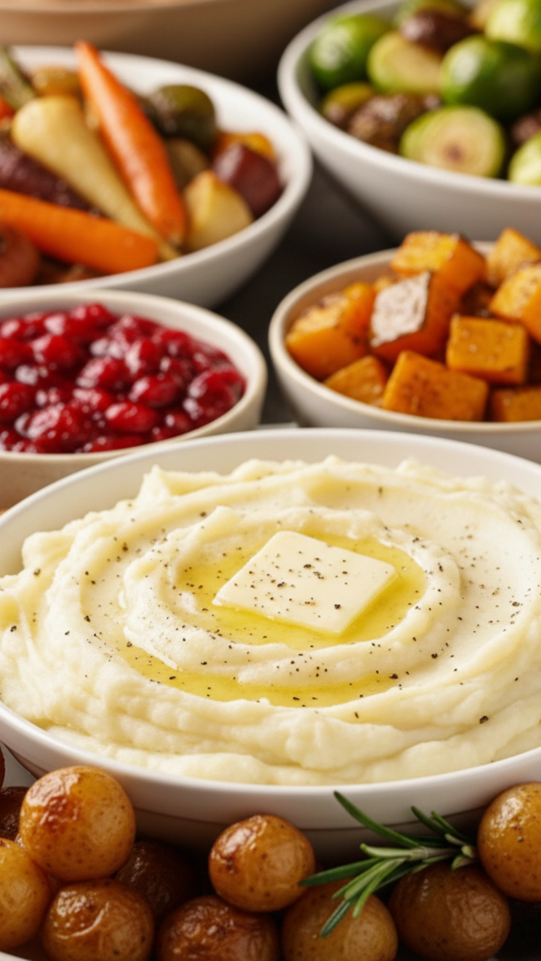 How to Choose the Perfect Sides for Thanksgiving 3 Close-up vertical shot of Thanksgiving side dishes including mashed potatoes, cranberry sauce, roasted potatoes, and squash.