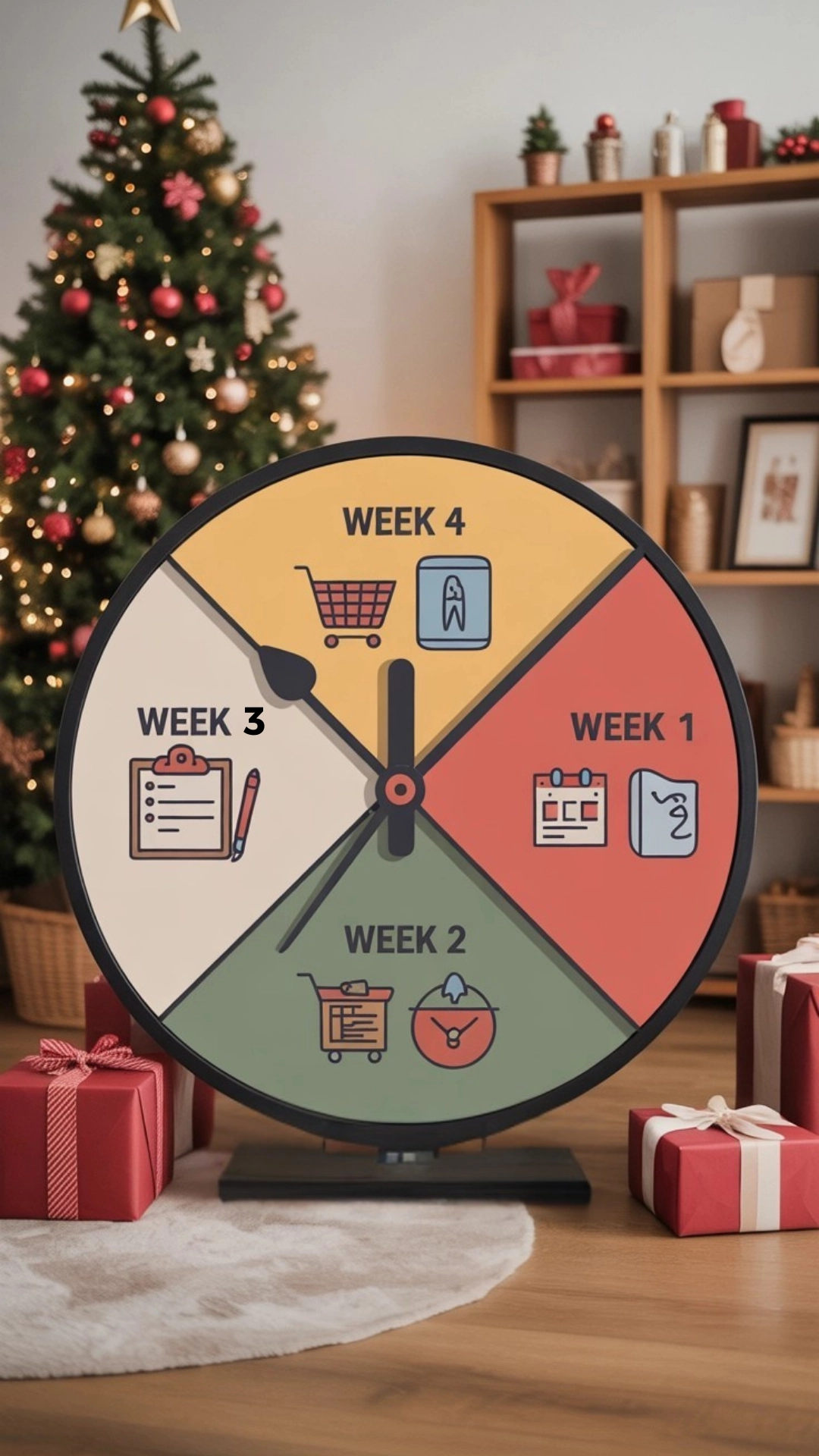 How to Plan the Perfect Christmas Dinner for Family 2 A stylized graphic depicting a four-week Christmas timeline with icons representing planning, shopping, freezing, and final scheduling.