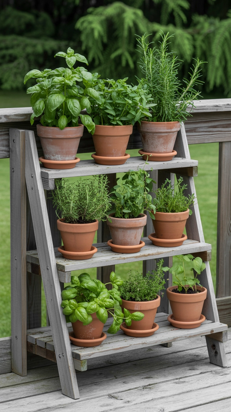 22 Deck Planter Ideas to Transform Your Outdoor Space 23 Wooden A-frame shelf unit on a deck holding nine individual terracotta pots with fresh culinary herbs.