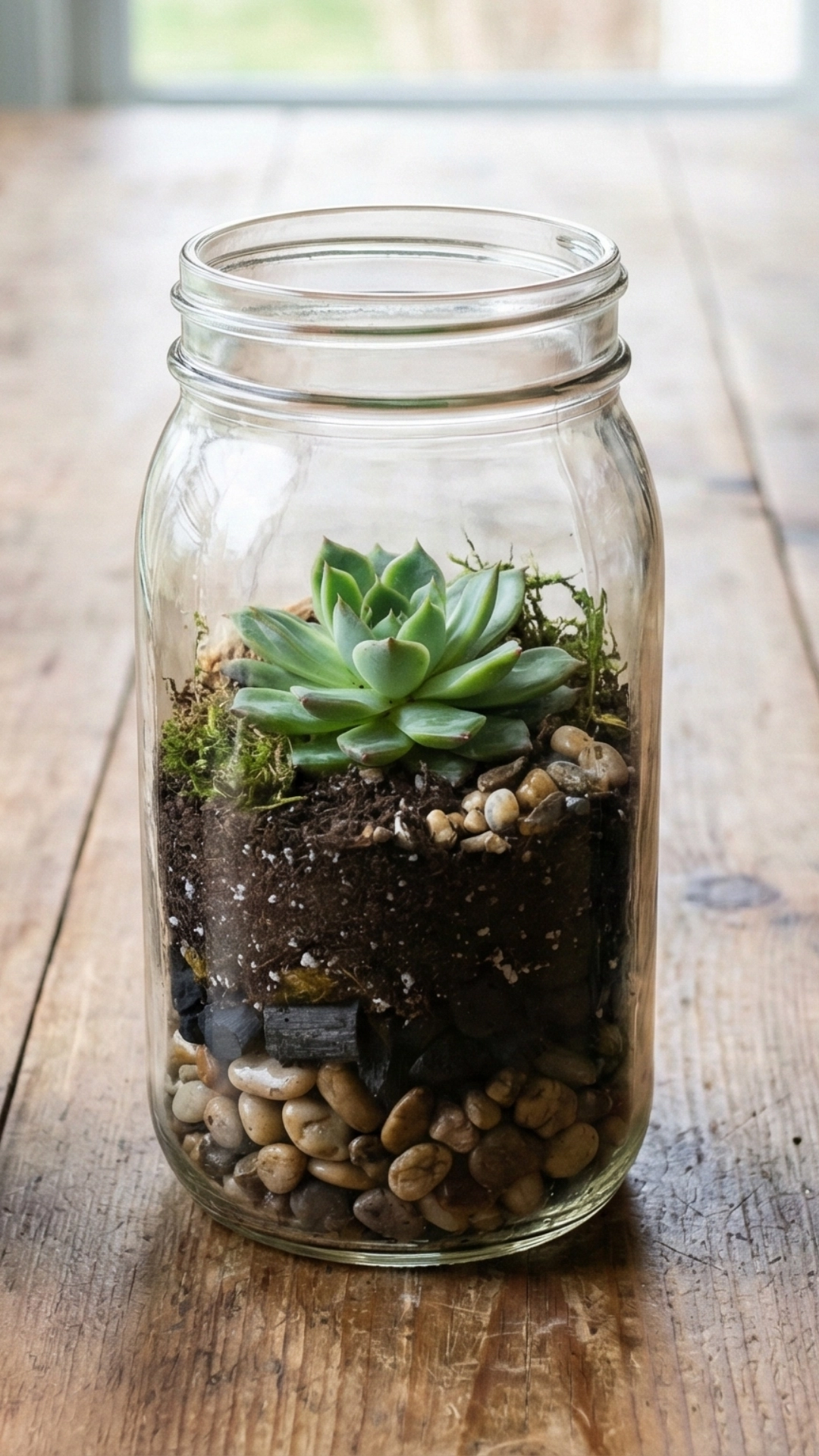 A horizontal line of three small, glass jar terrariums featuring succulent plants used as a minimalist table centerpiece.