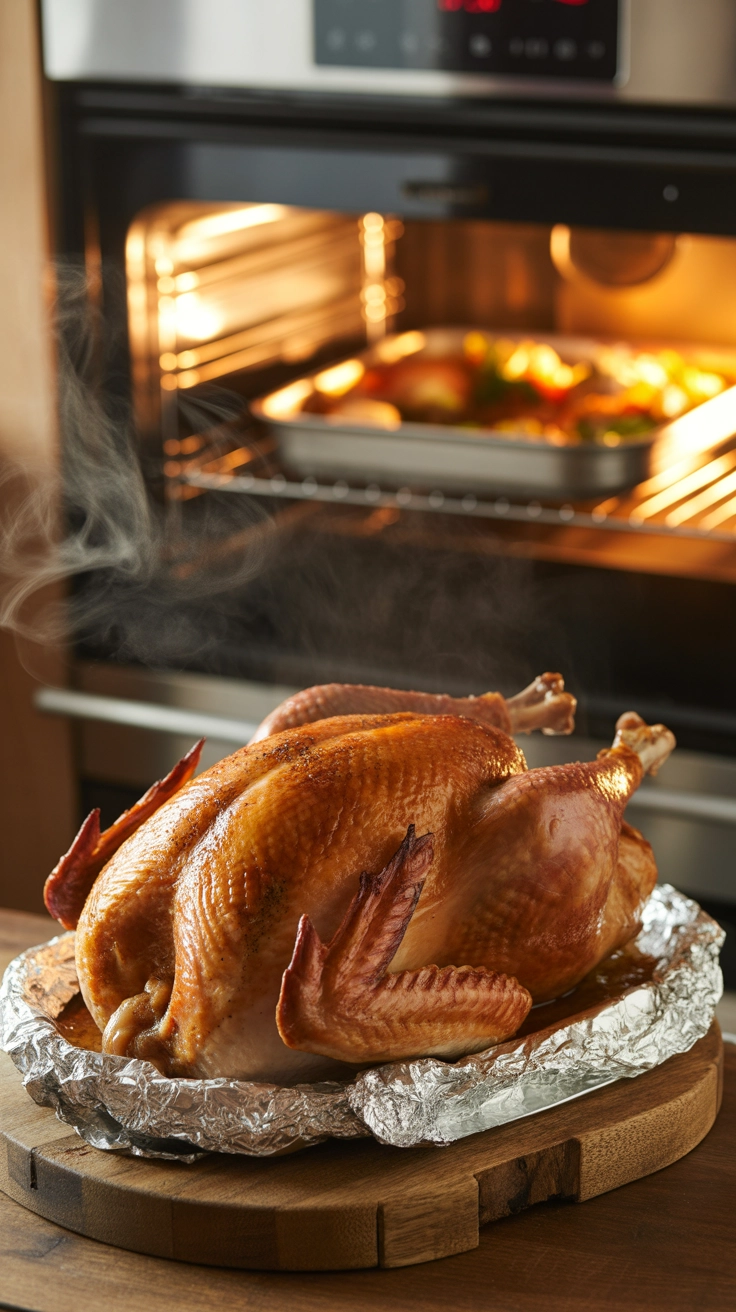 How to Plan the Perfect Christmas Dinner for Family 4 A perfectly roasted turkey or roast beef resting under foil on a carving board, with the oven visible in the background.