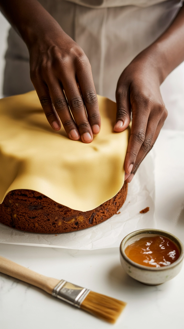 Hands carefully applying a layer of marzipan to a Christmas Cake, smoothing the sides.