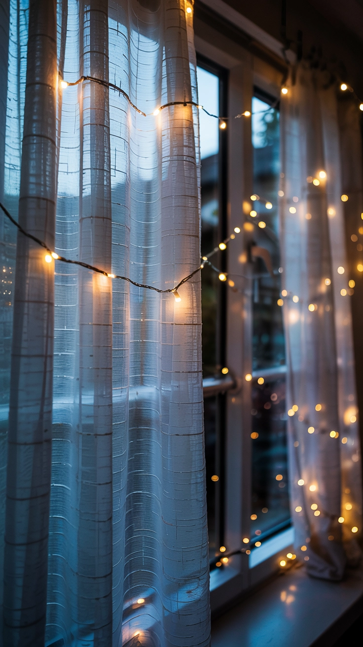 An interior view of a window covered by a sheer white fabric that is softly illuminated from behind by warm fairy lights, giving an elegant, diffused, glowing effect.