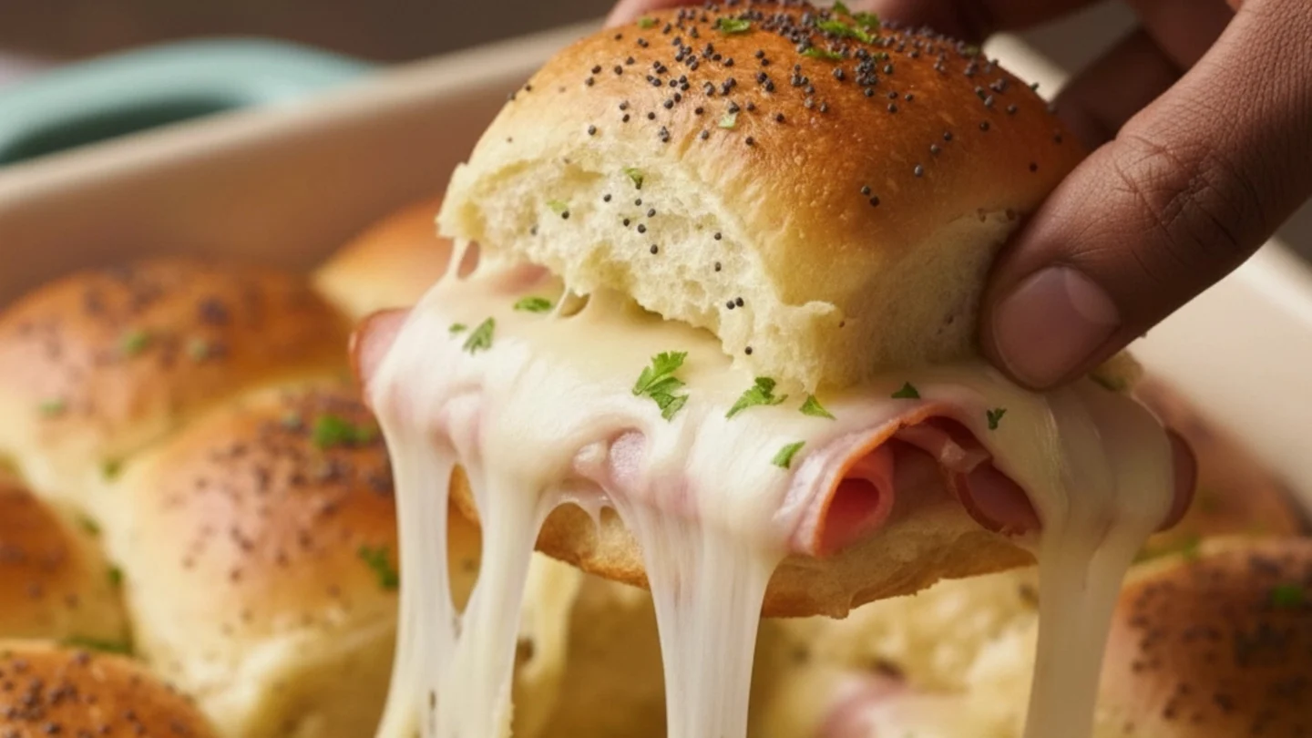 Golden brown baked ham and cheese sliders in a baking dish