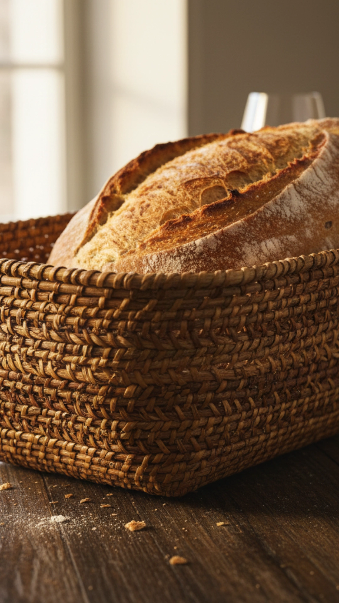 Close-up of a tightly woven rattan basket holding a loaf of artisanal bread, used as a serving dish on a dining table.