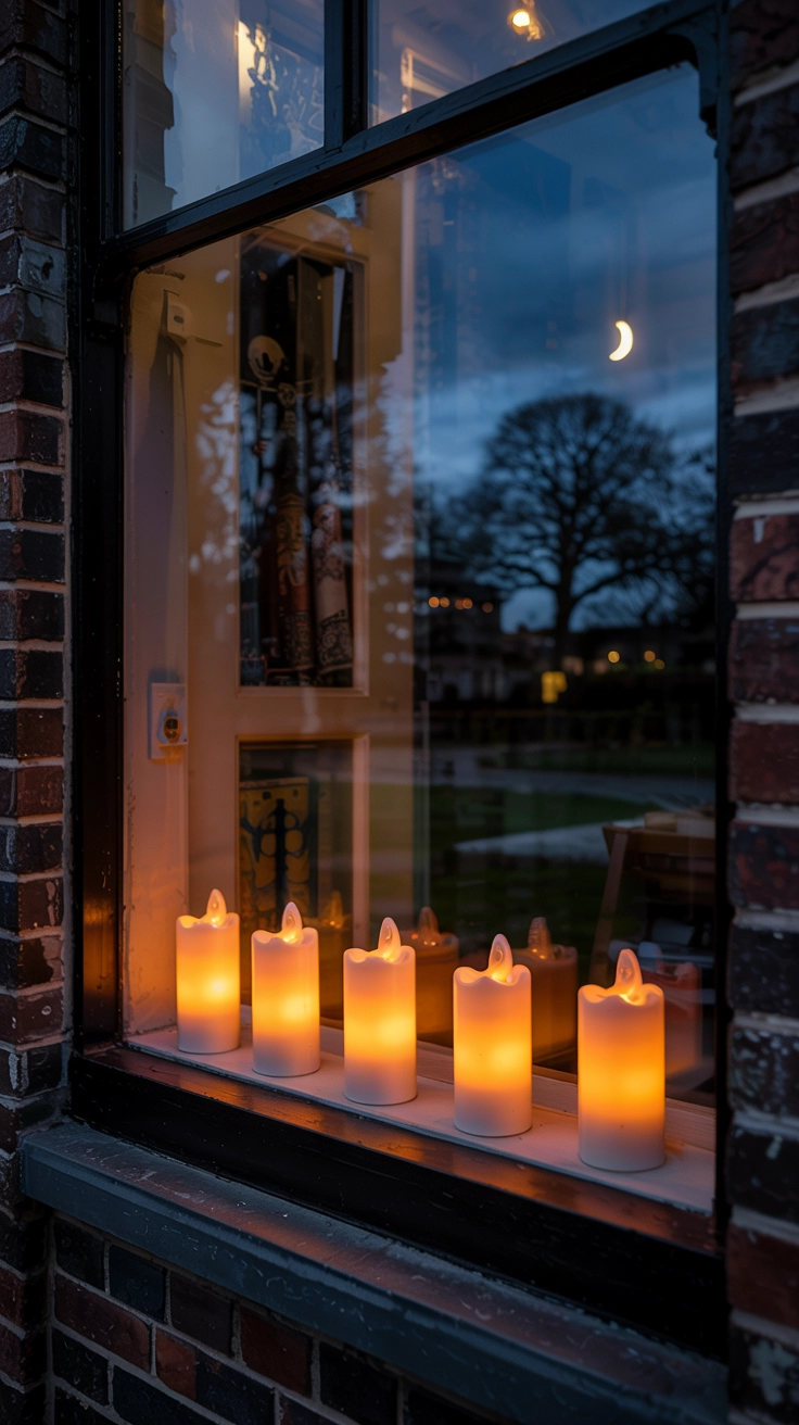 A view from outside showing four matching, battery-operated LED window candles placed on the sills of four different windows, giving off a warm, traditional Christmas glow.