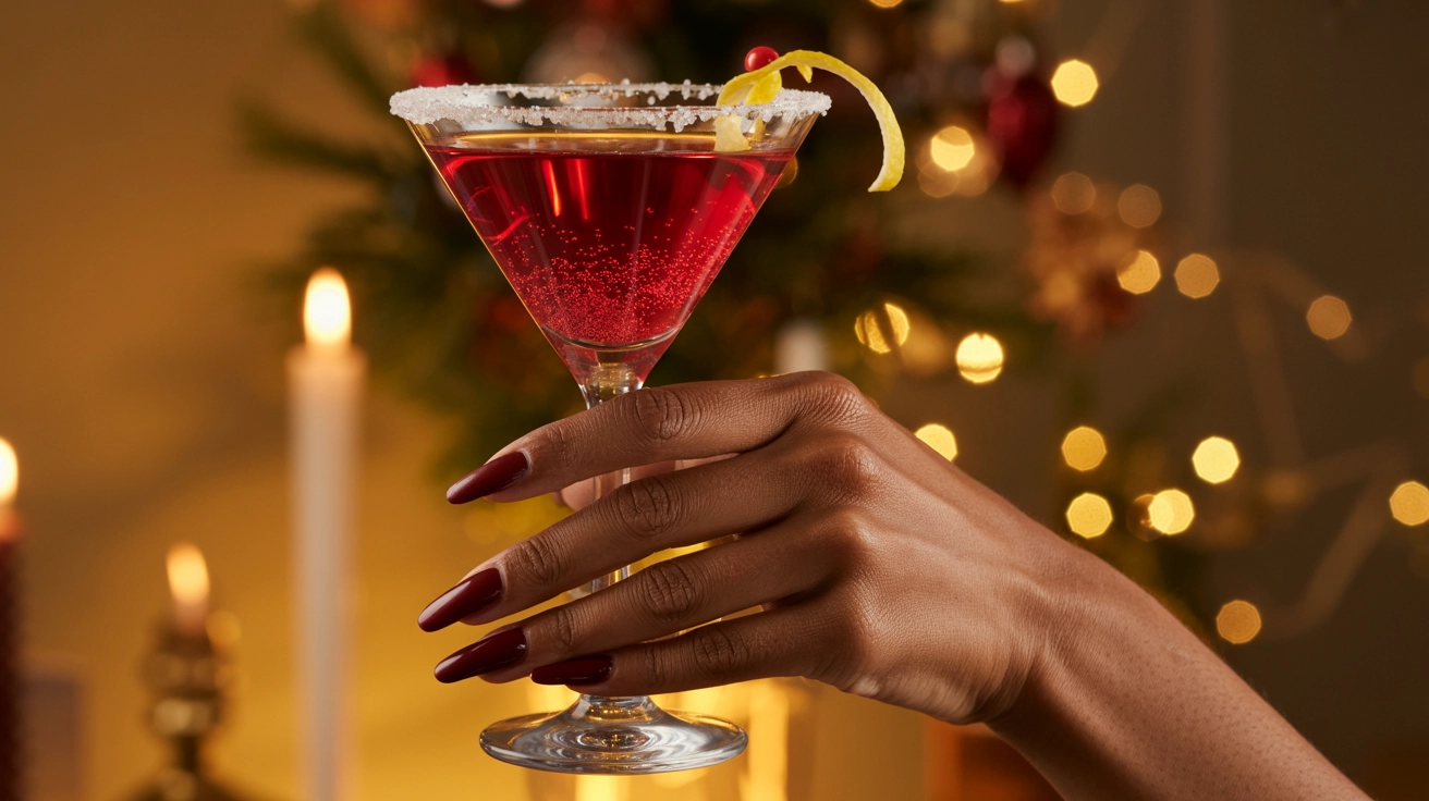How to Make the Best Cranberry Lemon Drop Martini 1 A woman holding a sugar-rimmed Cranberry Lemon Drop Martini glass filled with a red cranberry lemon drop cocktail.