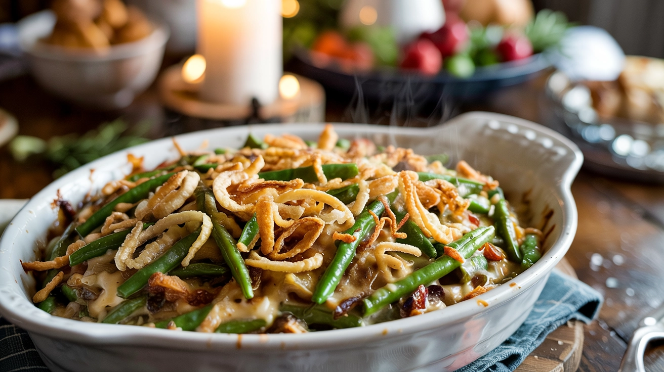 The Best Green Bean Casserole for an Easy Holiday Side Dish 1 Close-up of a creamy green bean casserole topped with crispy golden French fried onions in a white oval baking dish on a wooden table, emphasizing the holiday comfort food look.