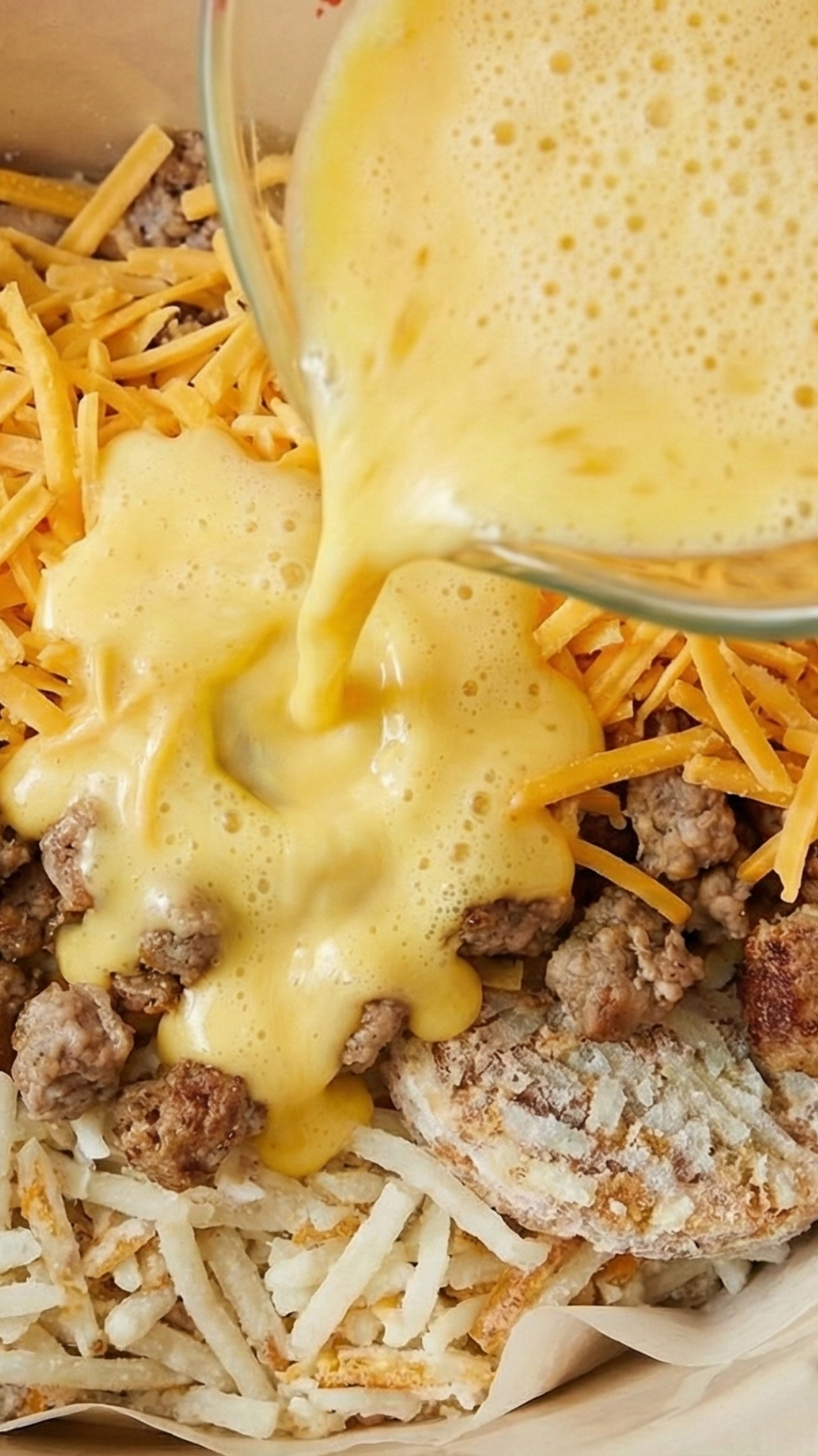 The Best Slow Cooker Breakfast Casserole 3 Layering hash browns, sausage and cheese with egg mixture pouring over.