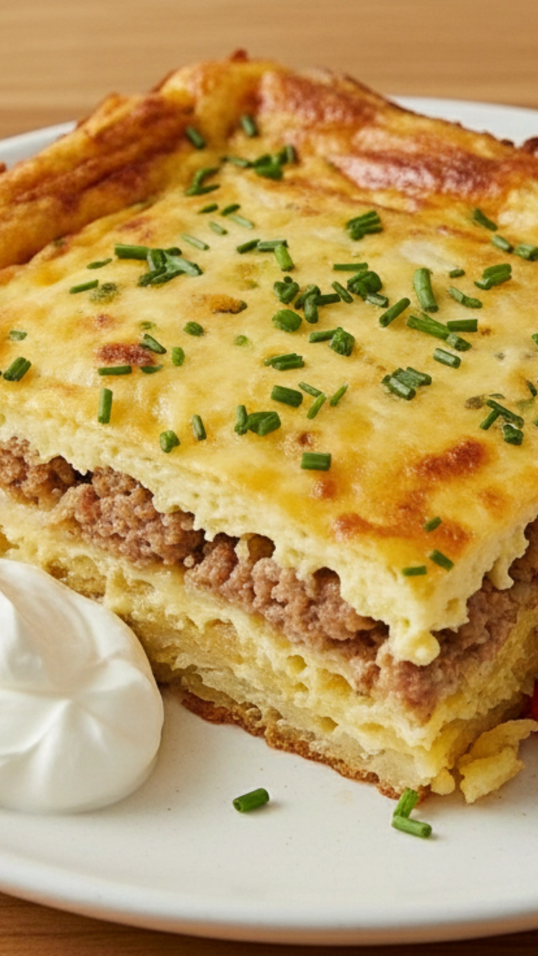 The Best Slow Cooker Breakfast Casserole 4 Served slice of breakfast casserole topped with sour cream.