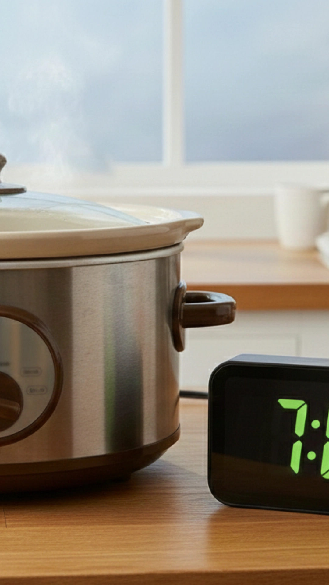 The Best Slow Cooker Breakfast Casserole 5 Slow cooker running in the morning, emphasizing time saving.