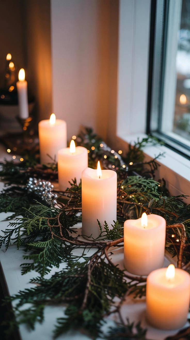 A natural Christmas centerpiece on a windowsill featuring lush evergreen branches and three glowing white LED pillar candles creating a safe, warm holiday scene.