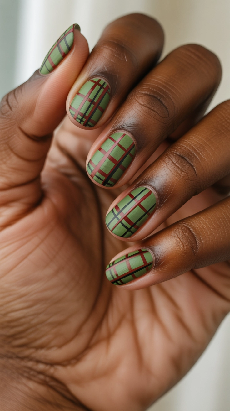 A manicure featuring a holiday plaid pattern using light green as the base, overlaid with thin red and black lines, creating a classic and cozy festive look.