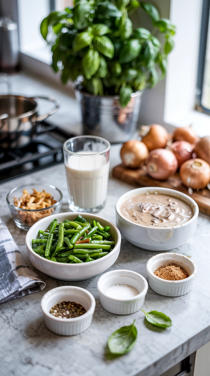 The Best Green Bean Casserole for an Easy Holiday Side Dish 2 Simple ingredients for green bean casserole laid out: green beans, cream of mushroom soup, milk, and French fried onions in plain white bowls, highlighting the recipe's simplicity and clean presentation.