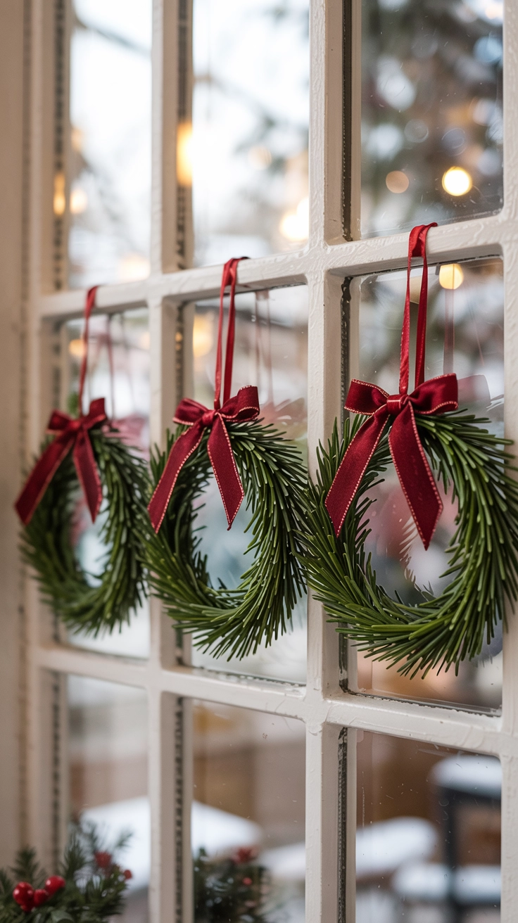Three small, identical green wreaths with red velvet ribbons hanging neatly on the glass of three home windows, creating a classic, uniform Christmas facade.