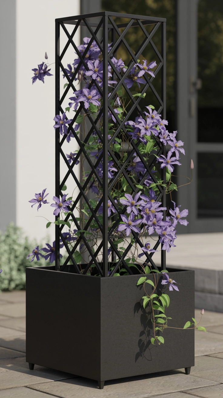 22 Deck Planter Ideas to Transform Your Outdoor Space 14 Black metal planter with a tall trellis supporting a flowering purple clematis vine.