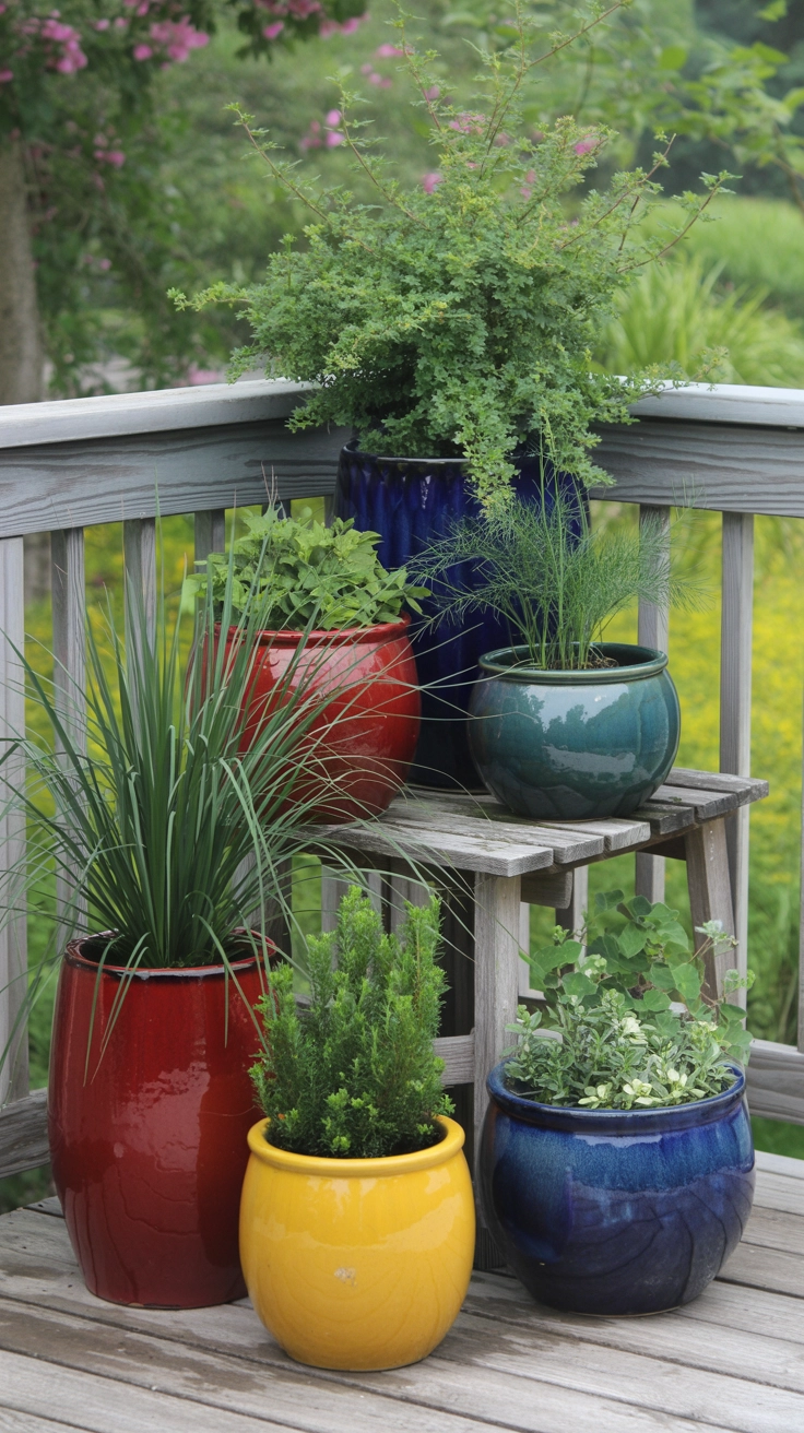22 Deck Planter Ideas to Transform Your Outdoor Space 17 Grouping of five ceramic planters in bright, contrasting colors and different sizes on a deck.