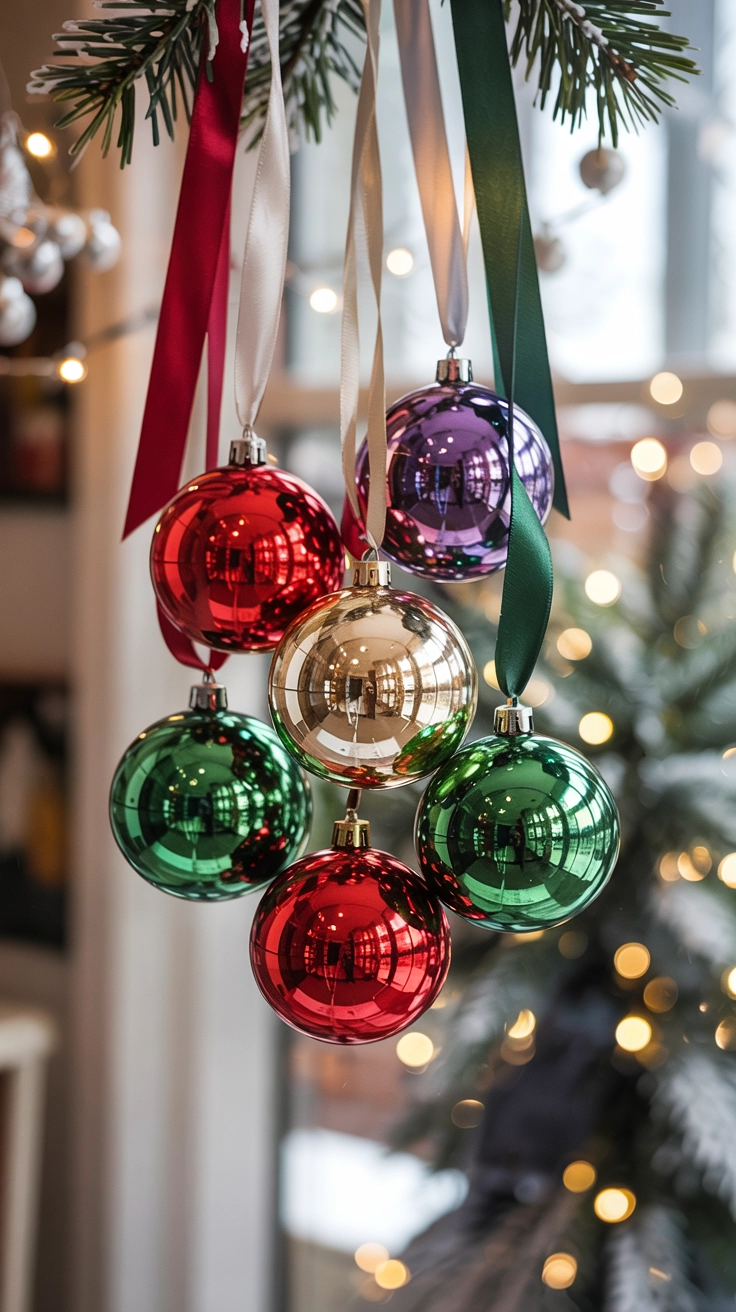 A cluster of five brightly colored Christmas ball ornaments hanging at different lengths from a window frame using red, gold, and green satin ribbons for a festive look.