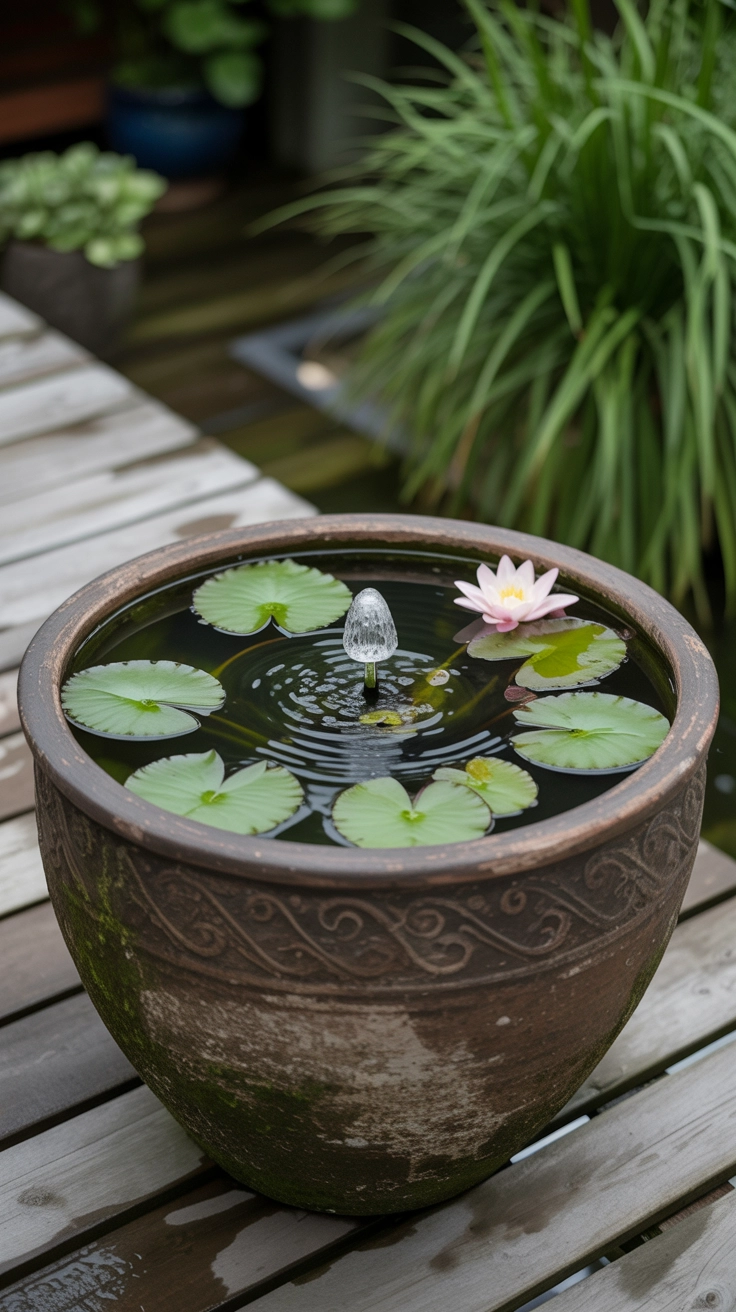 22 Deck Planter Ideas to Transform Your Outdoor Space 13 Large ceramic pot functioning as a small, bubbling water feature with floating lily pads on a deck.