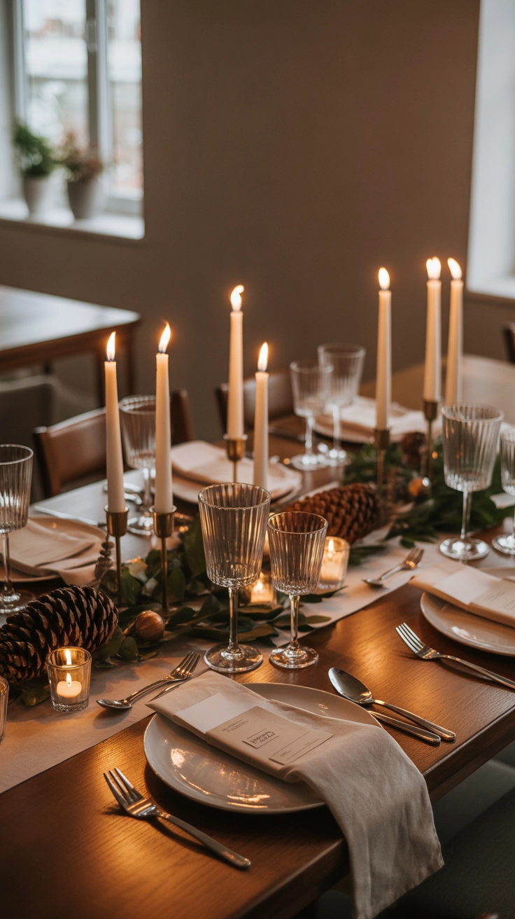 How to Plan the Perfect Christmas Dinner for Family 6 A festive dining table set with low centerpieces, soft, warm candlelight, and mixed, charming dinnerware for an inviting ambiance.