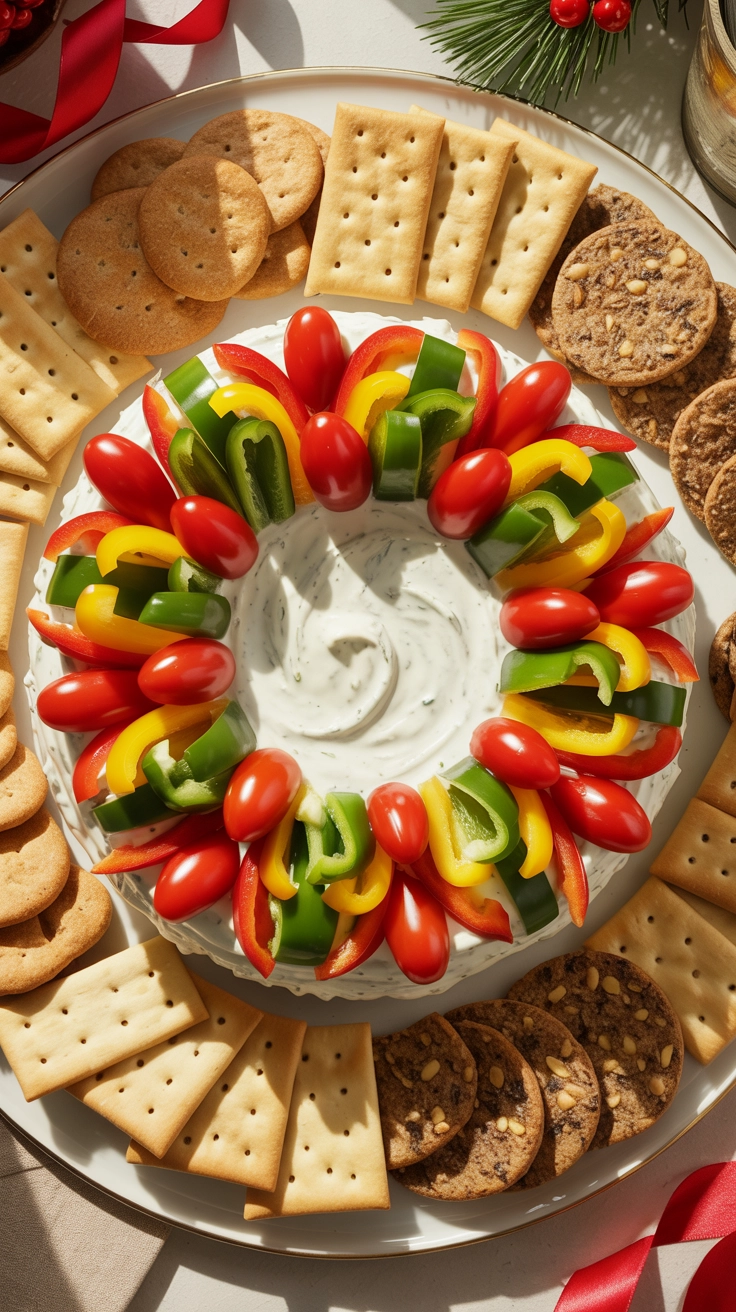 Crowd-Pleasing Savory Holiday Wreath Dip Recipe 2 Cracker scooping into creamy savory holiday wreath dip.