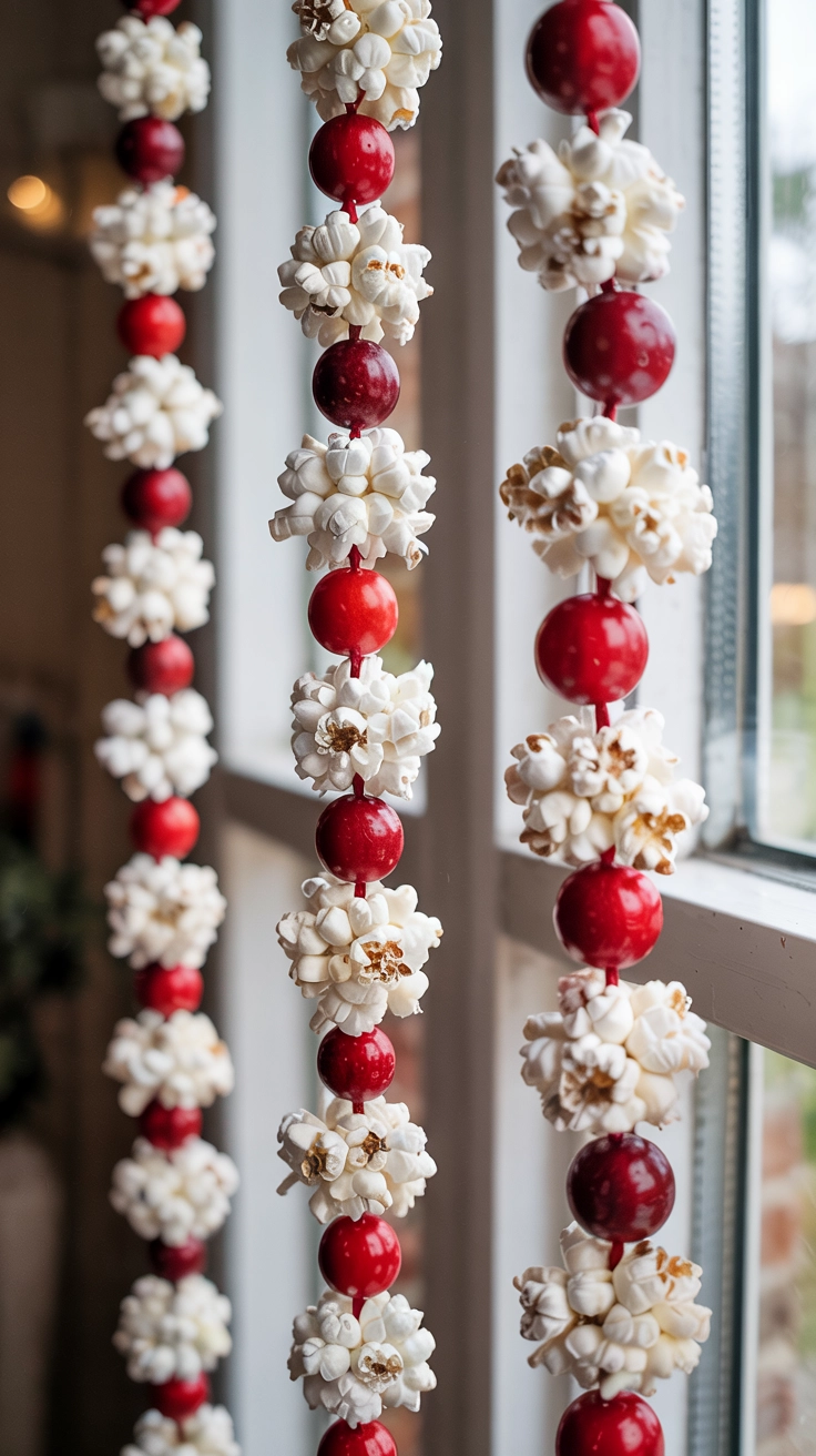 A vertical strand of homemade garland made from threaded white popcorn and red cranberries, hanging in a window as a traditional, colorful decoration.
