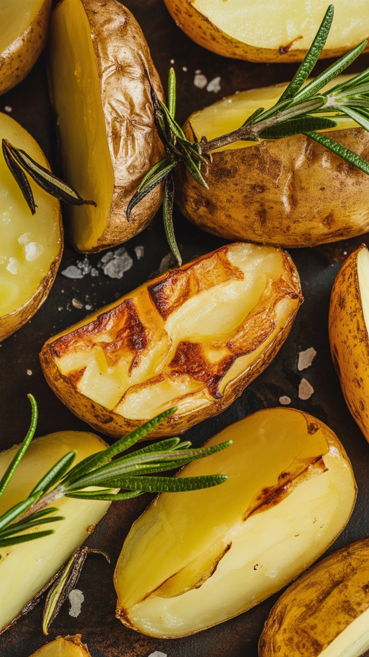 How to Plan the Perfect Christmas Dinner for Family 5 A close-up, high-angle view of golden, crunchy roasted potatoes tossed with fresh rosemary on a dark baking sheet.