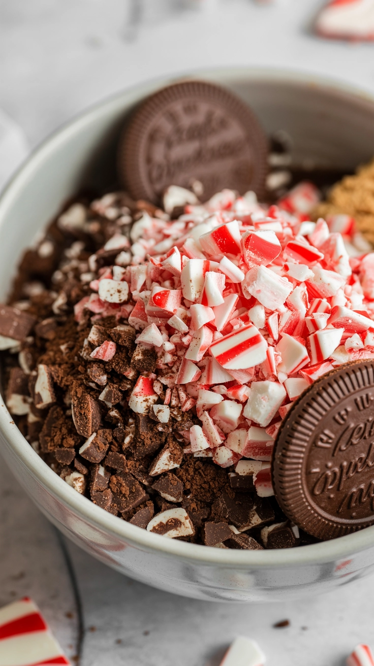 Festive Chocolate Peppermint Bark Parfaits 3 Crushed chocolate cookies and peppermint bark mixture.
