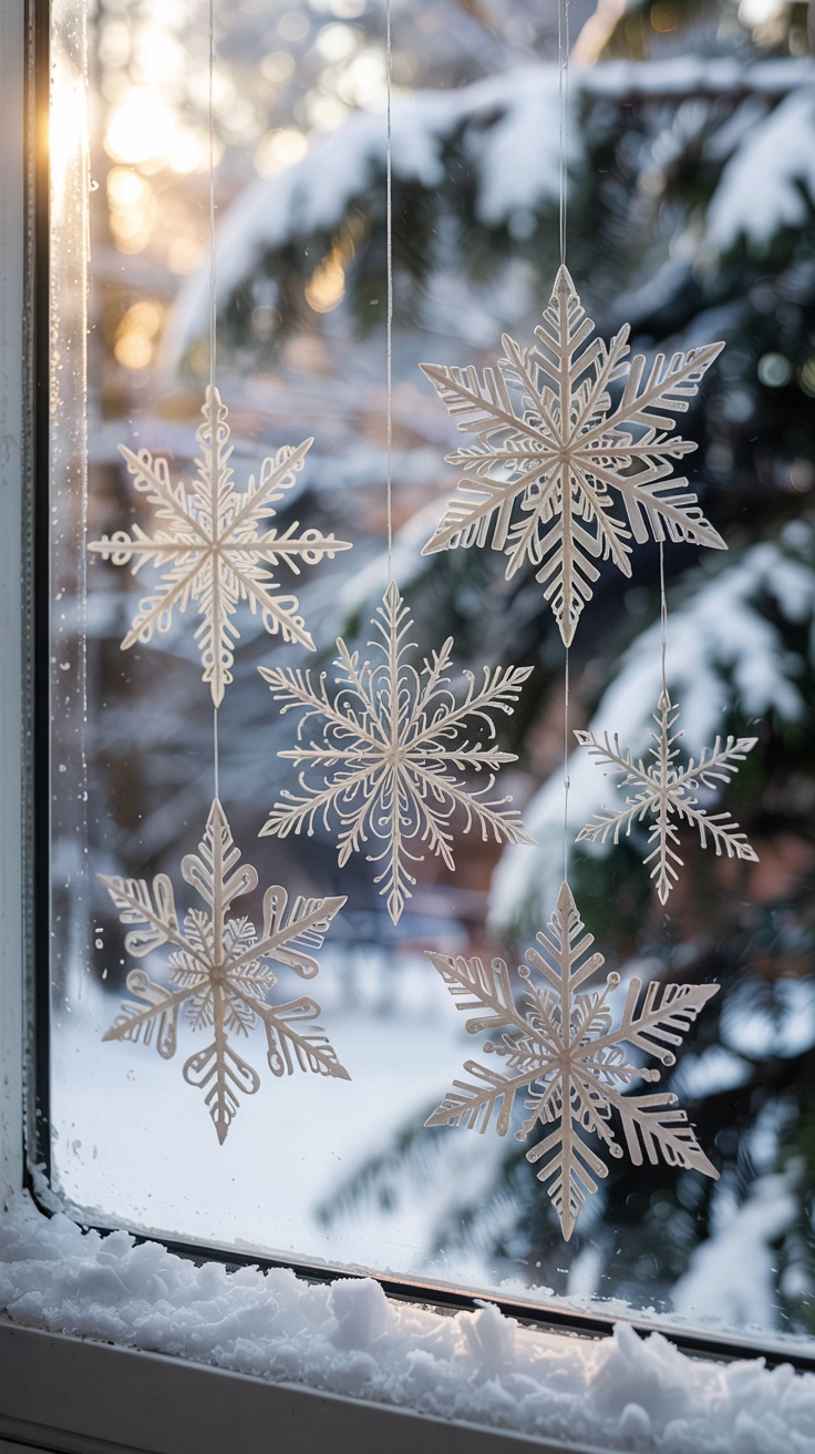 Handcrafted white paper snowflakes of various sizes taped to a glass window, illuminated by bright daylight, creating a whimsical and homemade winter display.