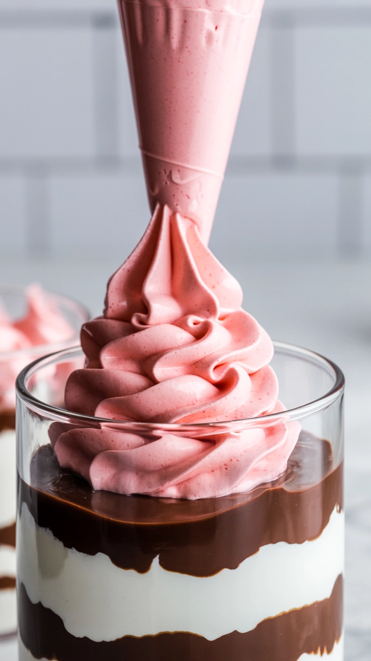 Festive Chocolate Peppermint Bark Parfaits 2 Piping peppermint whipped cream into a parfait glass.