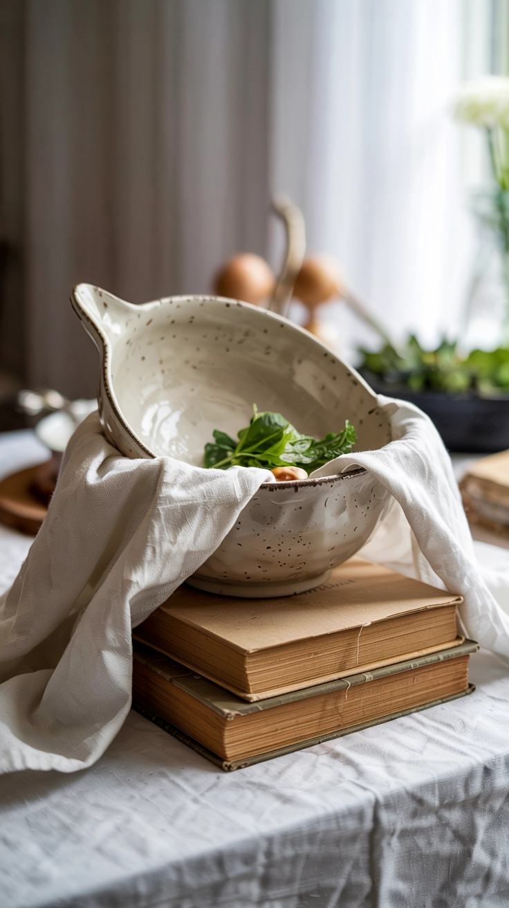 How to Create a Party Food Table Without Overthinking It 3 Illustration of a simple party food table setup. A white tablecloth is partially lifted to show a sturdy, upside-down mixing bowl and a stack of books used underneath to create visual tiers and height for the food display.
