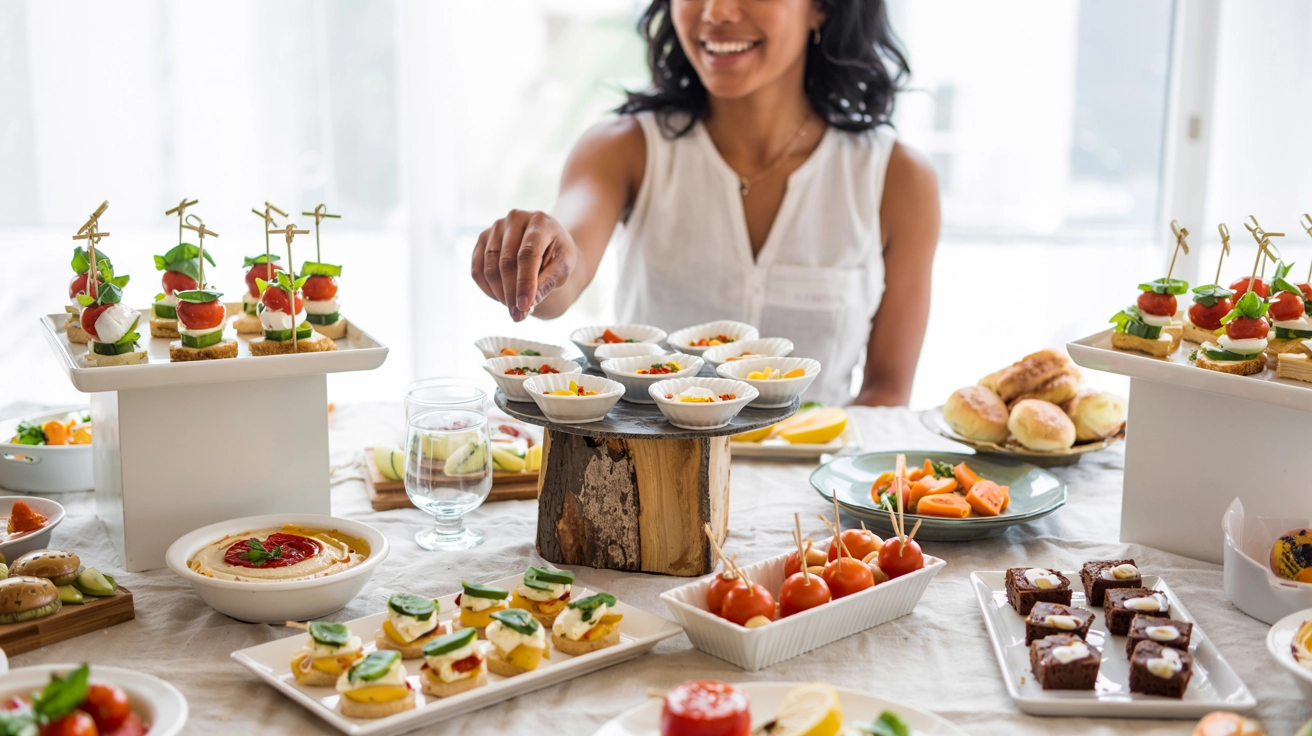 How to Create a Party Food Table Without Overthinking It 1 Overhead view of a party food table with a woman smiling in the background. The table has colorful, simple appetizers displayed on tiered platters, including Caprese skewers and vegetable sticks with hummus, creating a welcoming and stress-free look.