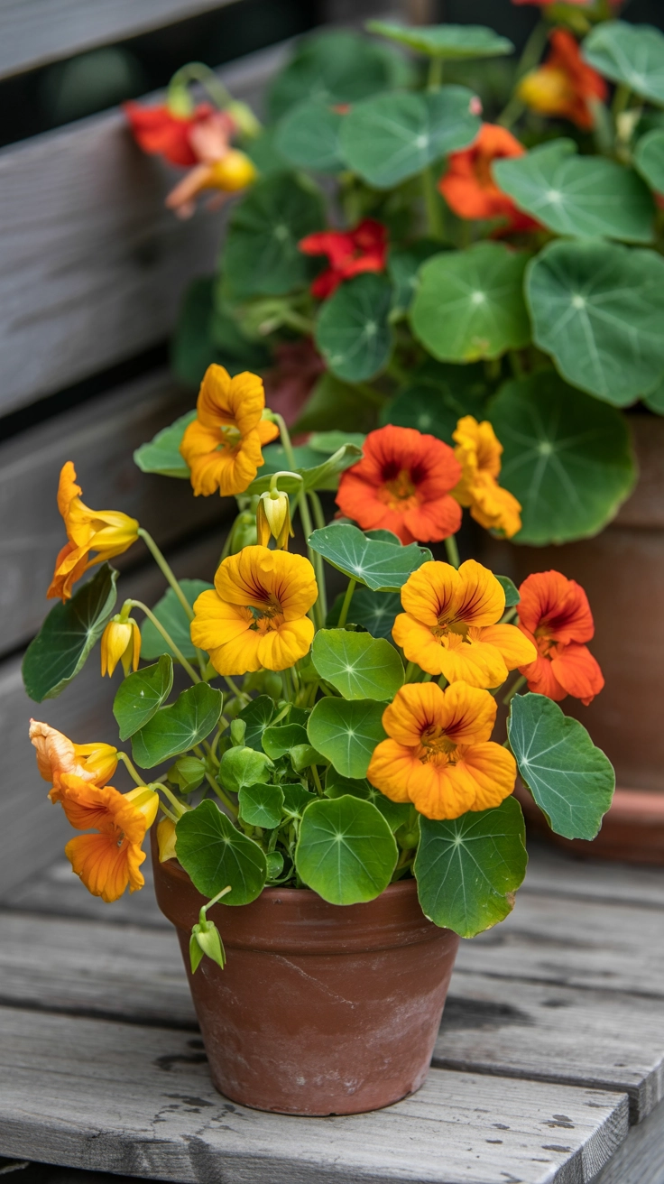 22 Deck Planter Ideas to Transform Your Outdoor Space 15 Close-up of yellow and orange nasturtium flowers growing in a terracotta pot, ready to be eaten.