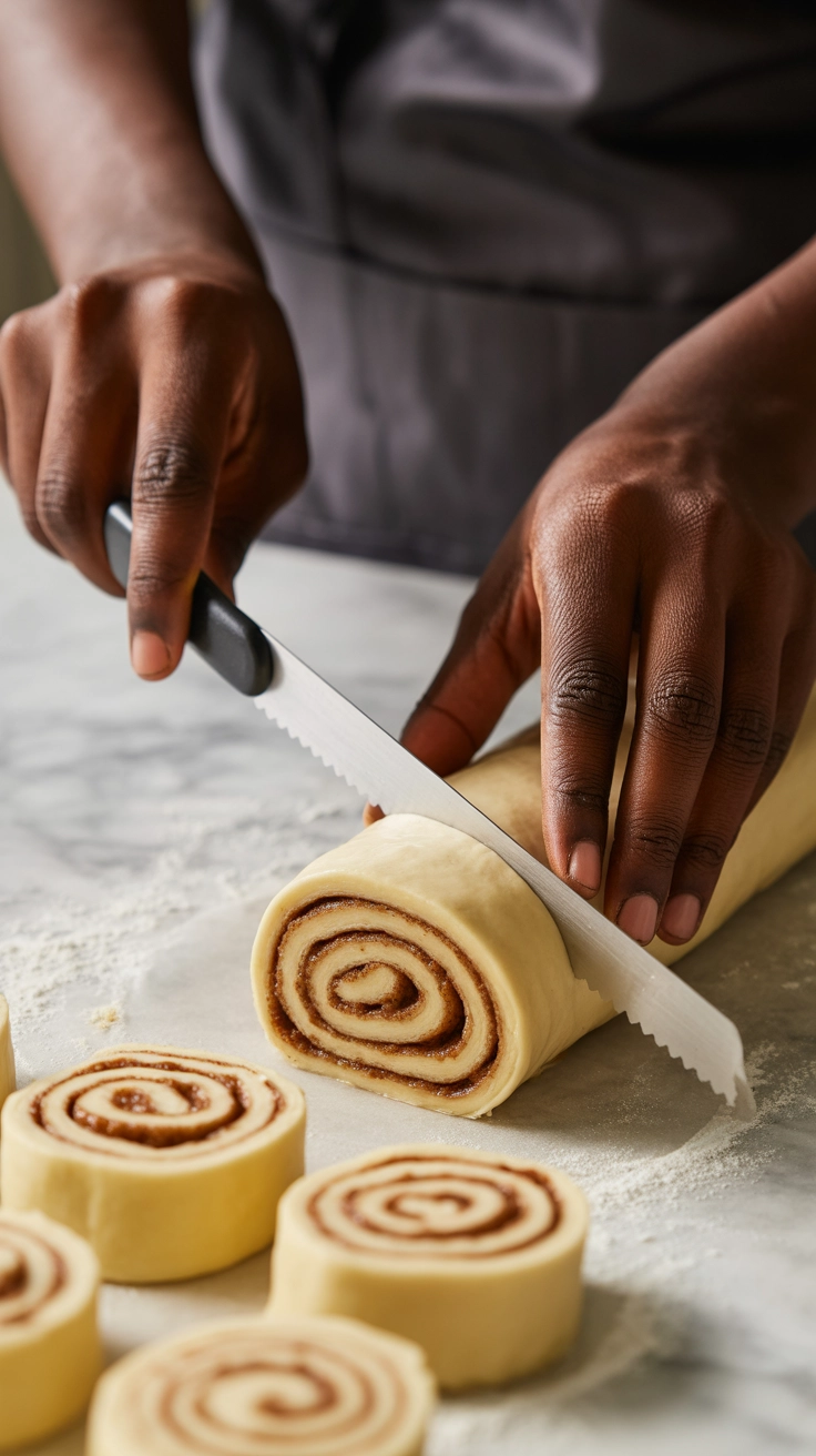 Ultimate Homemade Eggnog Cinnamon Rolls 3 Hand slicing eggnog cinnamon roll dough log with a knife.