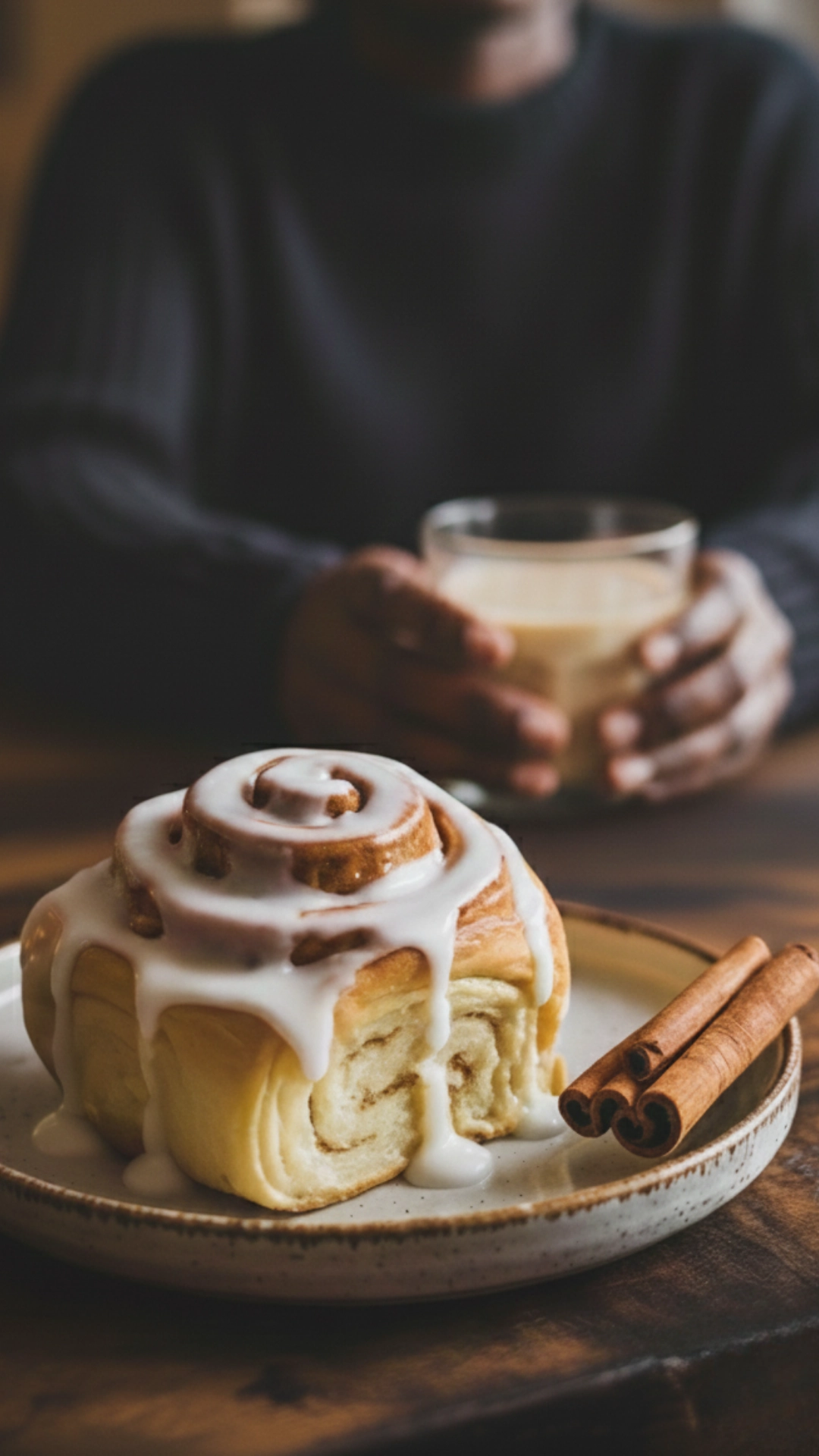 Ultimate Homemade Eggnog Cinnamon Rolls 2 Eggnog cinnamon roll served with a glass of eggnog.